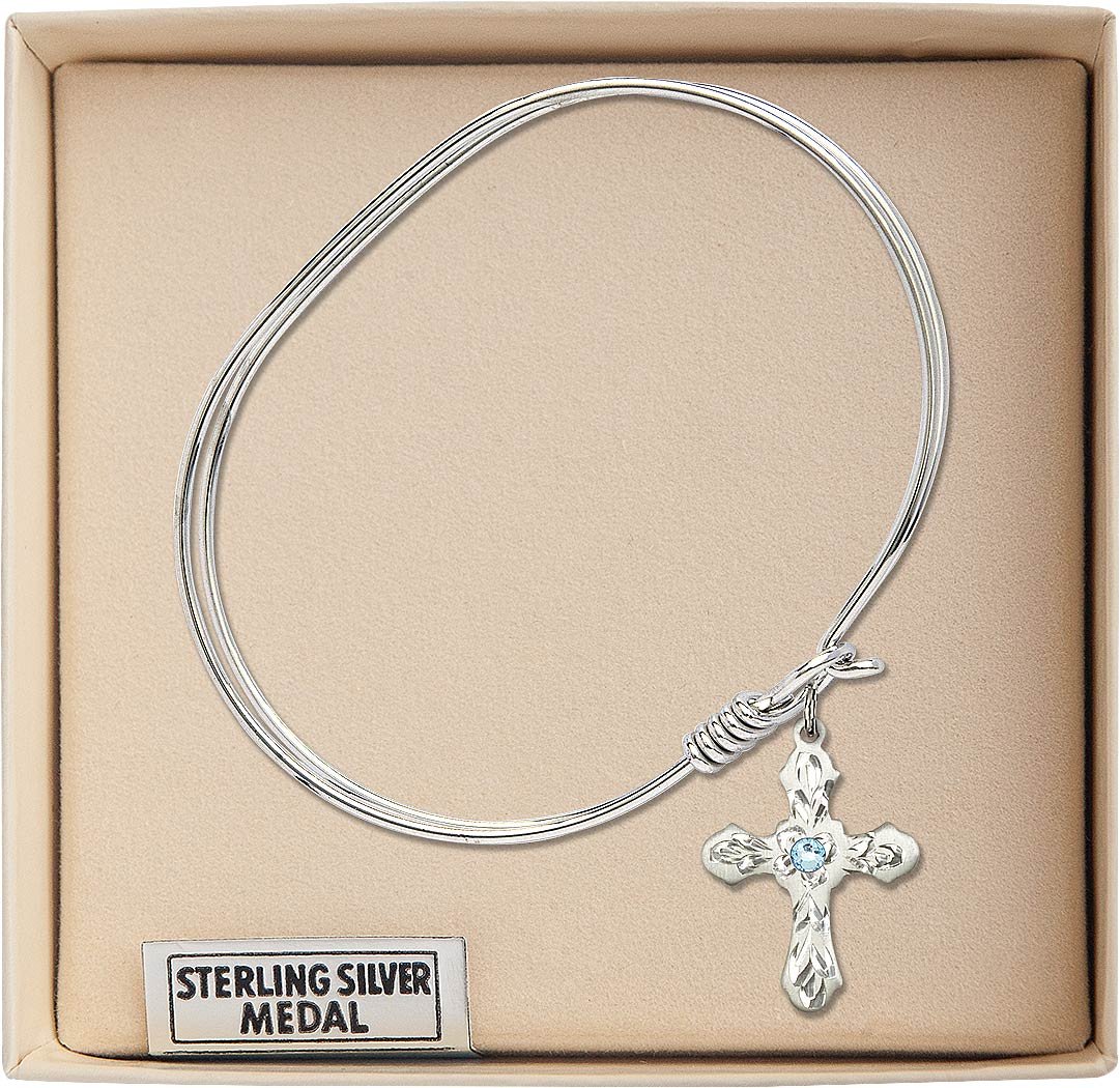 7 Inch Oval Eye Hook Bangle Bracelet with Cross Medal Charm and March Blue Crystal - Elegant Jewelry for Women, Perfect for Daily Wear, Parties, and Gifts