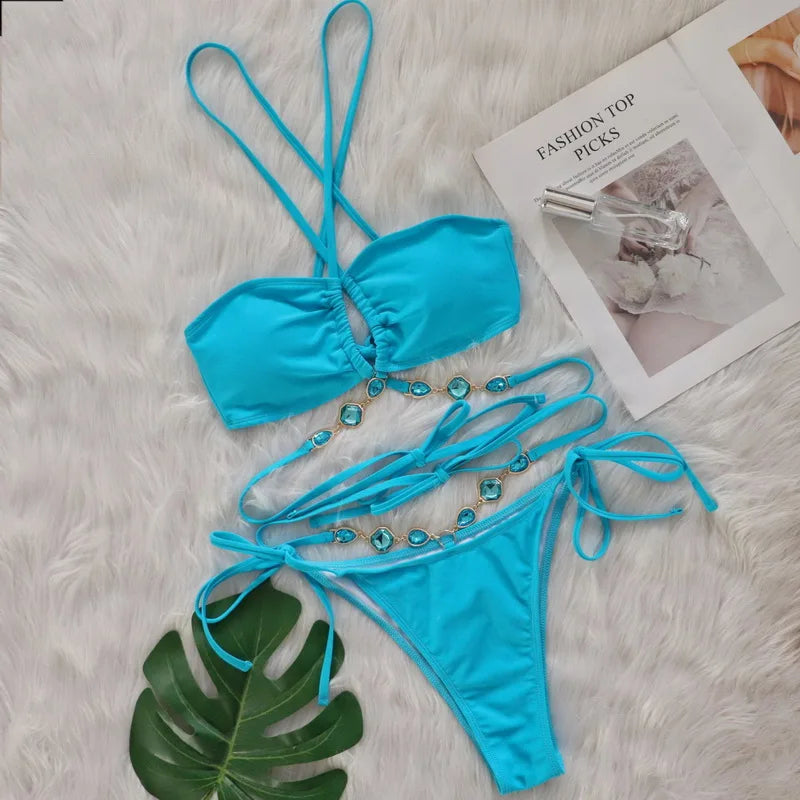 2024 Sexy Rhinestone Bandage Push Up Bikini Set - Women's Brazilian Halter Two Piece Swimsuit for Beach, Pool Party & Summer Vacation