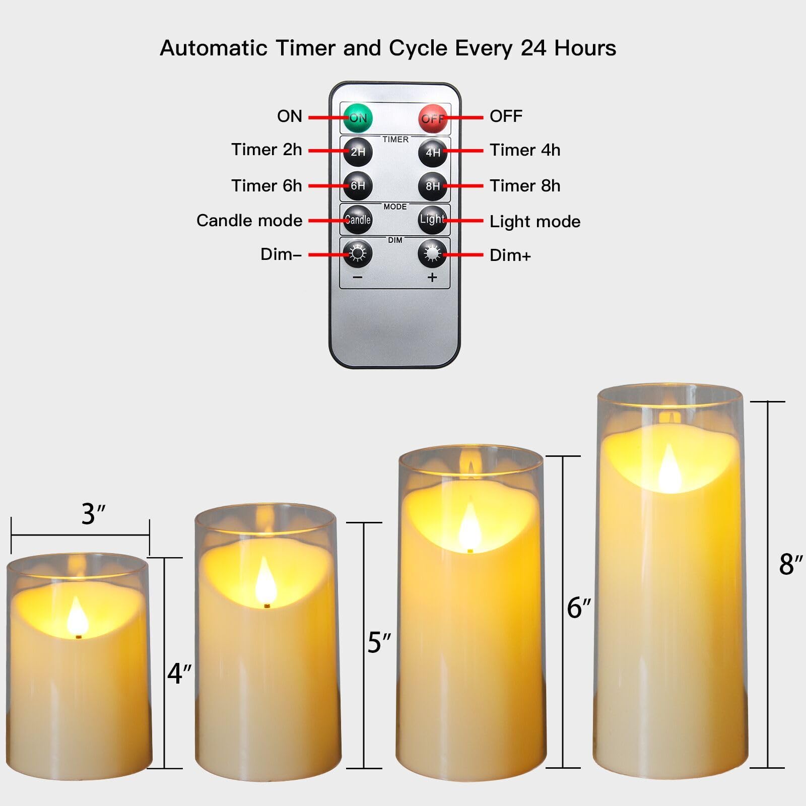 Battery Operated LED Flameless Pillar Candles Set of 5 with Remote & Timer - Ivory Plexiglass Flickering Candles (3