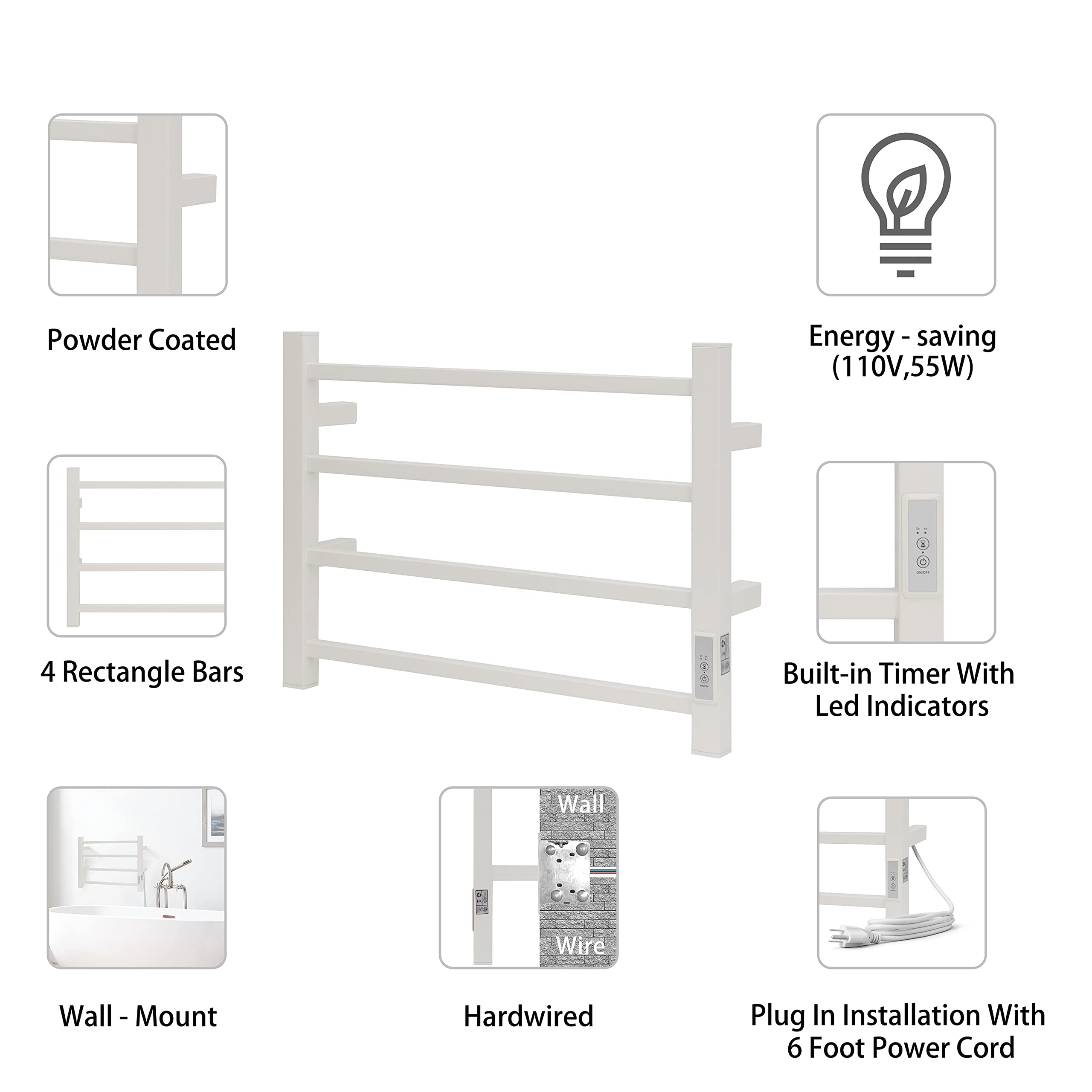 Premium 4-Bar White Square Towel Warmer for Bathroom - Wall Mounted Electric Towel Heater with Built-in Timer, Hardwired & Plug-in Options - Perfect for Spa, Luxury Bathroom & Home Comfort (Model: TW-4s-W)