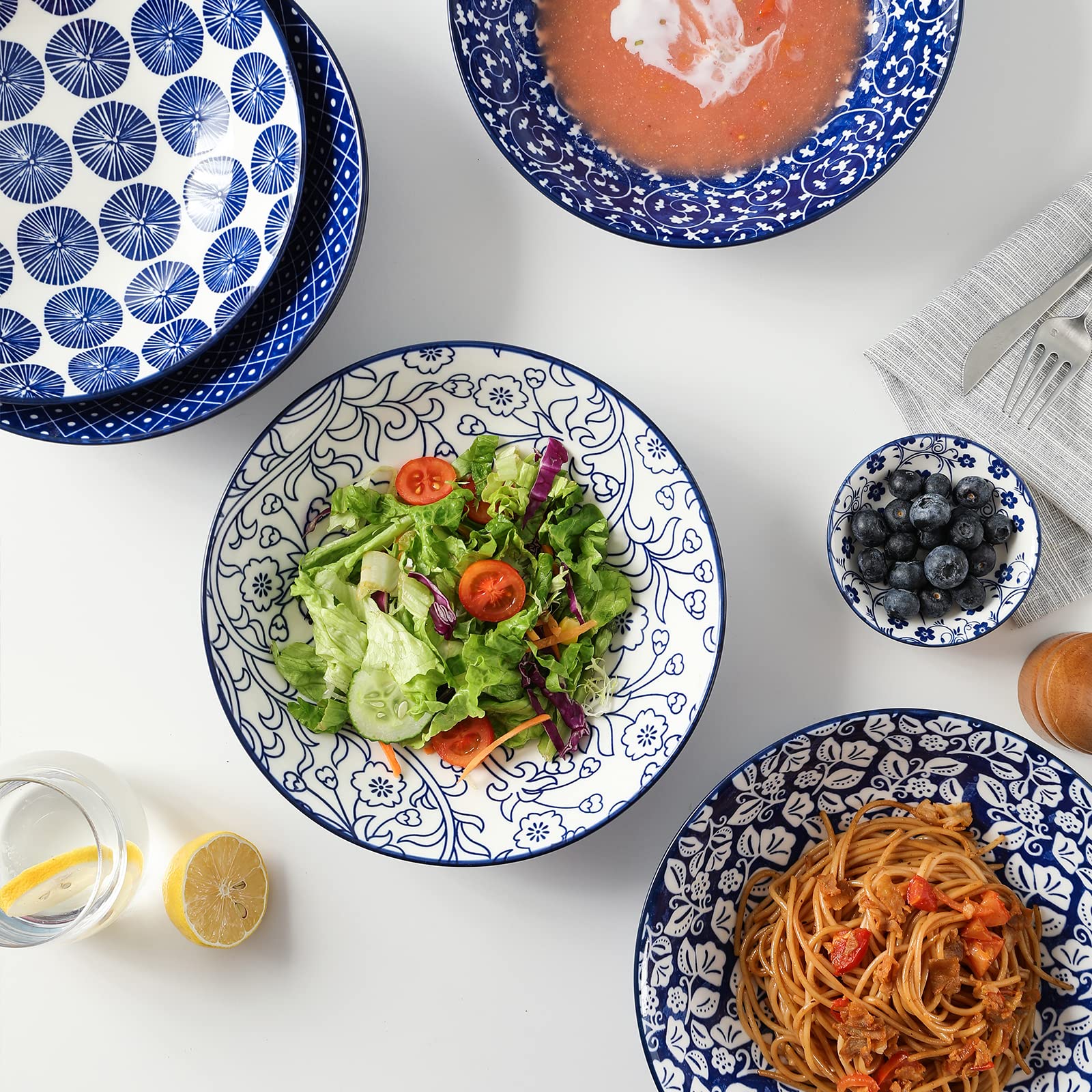 Selamica 30oz Ceramic Pasta Salad Bowls - Set of 6, 8 Inch Wide Shallow Soup Bowls, Stackable, Microwave & Oven Safe, Vintage Blue - Perfect for Serving Pasta, Salad, Soup, Ice Cream & Party Dishes