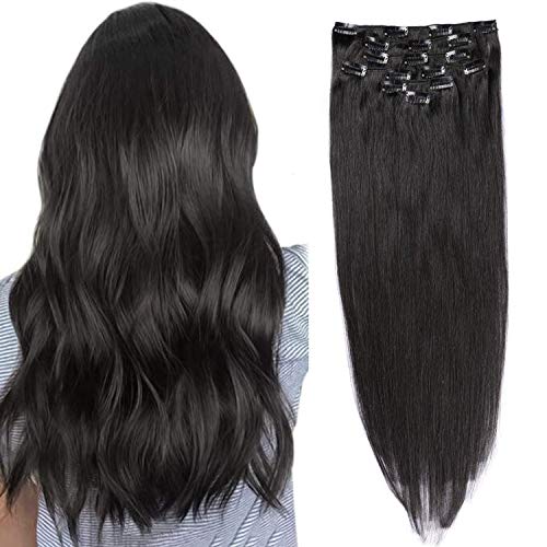Black Clip-in Human Hair Extensions for Women – 120g 7pcs Thickened Double Weft Brazilian Hair 8A Grade 100% Remy Real Hair – Perfect for Adding Length & Volume to Long Hair (18 Inch) – Great for Parties, Weddings & Daily Styling