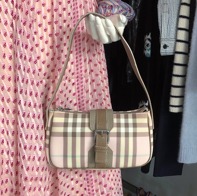 Burberry London Pink Coated Canvas Nova Check Mini Baguette Bag for Women | Luxury Designer Crossbody Purse | Perfect for Date Night, Parties & Everyday Use