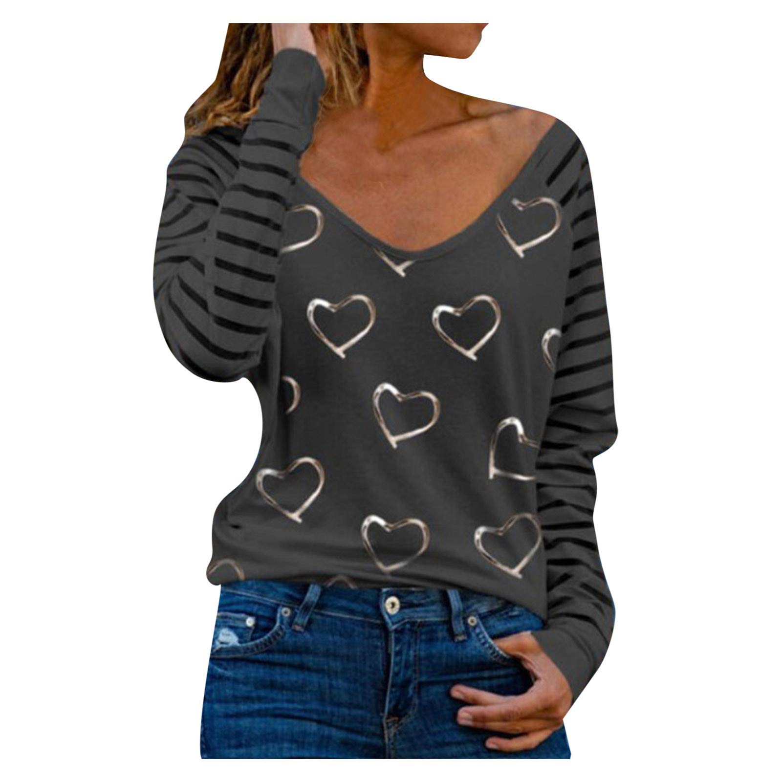 Women's Long Sleeve Casual V-Neck Graphic T-Shirts & Pullover Sweatshirts - Fall Fashion Loose Blouses for Work, Weekend & Layering