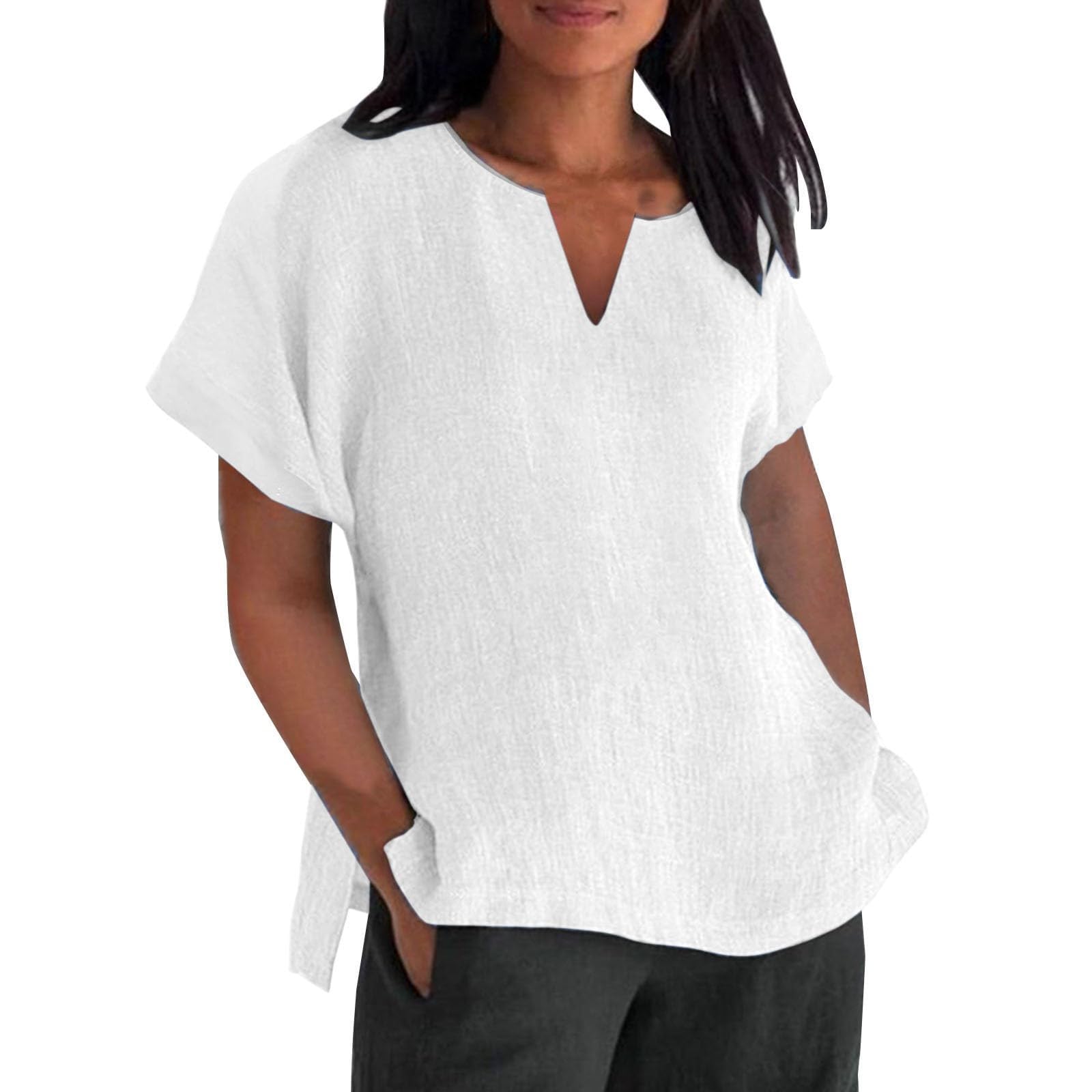 Women's V-Neck Linen Shirt - Casual Batwing Oversized T-Shirt, Solid Color Basic Loose Summer Top with Comfy Split Hem | Perfect for Beach Outings, Weekend Brunch & Summer Travel