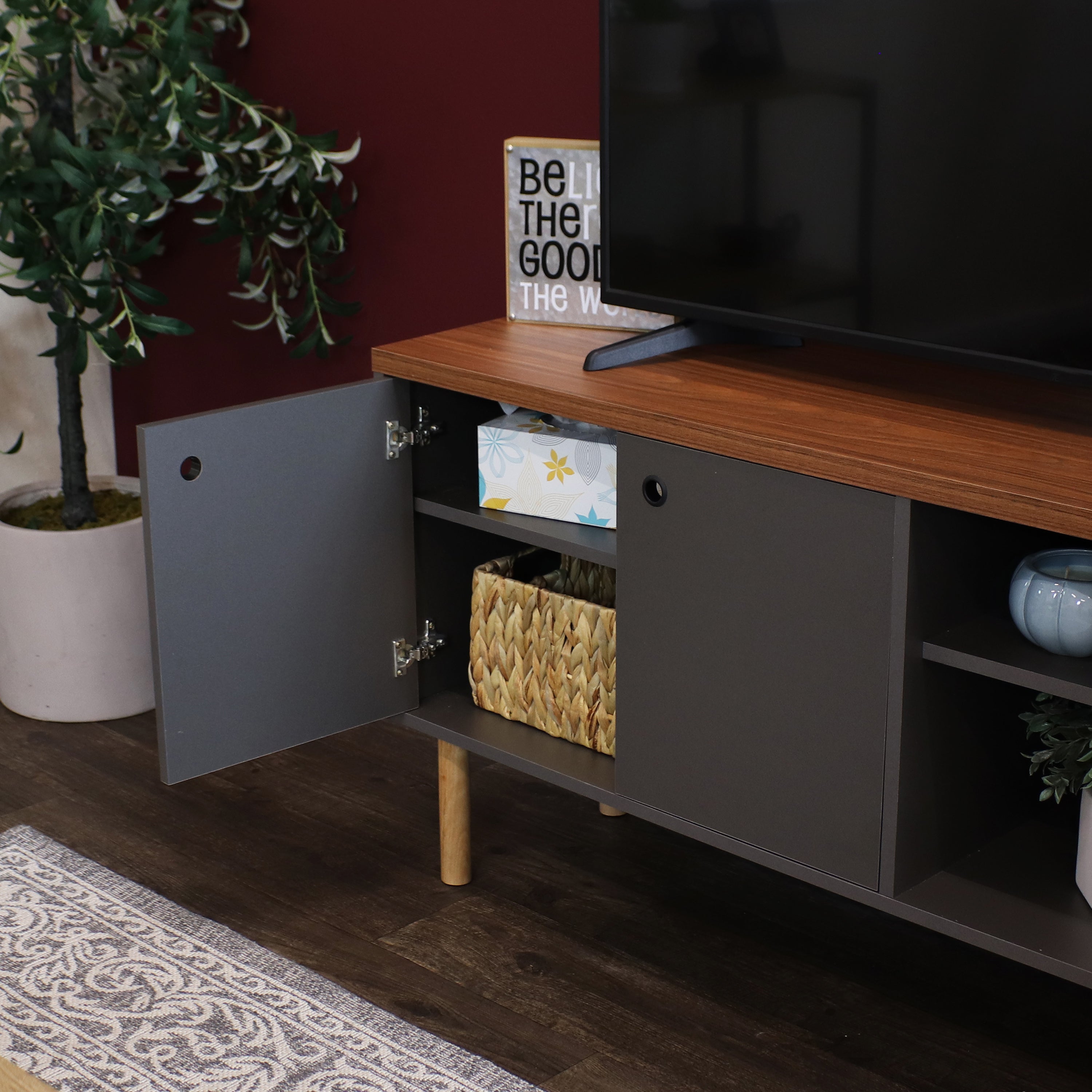 Mid Century Modern TV Stand for 55 Inch TV - Solid Wood Entertainment Center with Storage - Perfect for Living Room, Bedroom & Home Theater Setup
