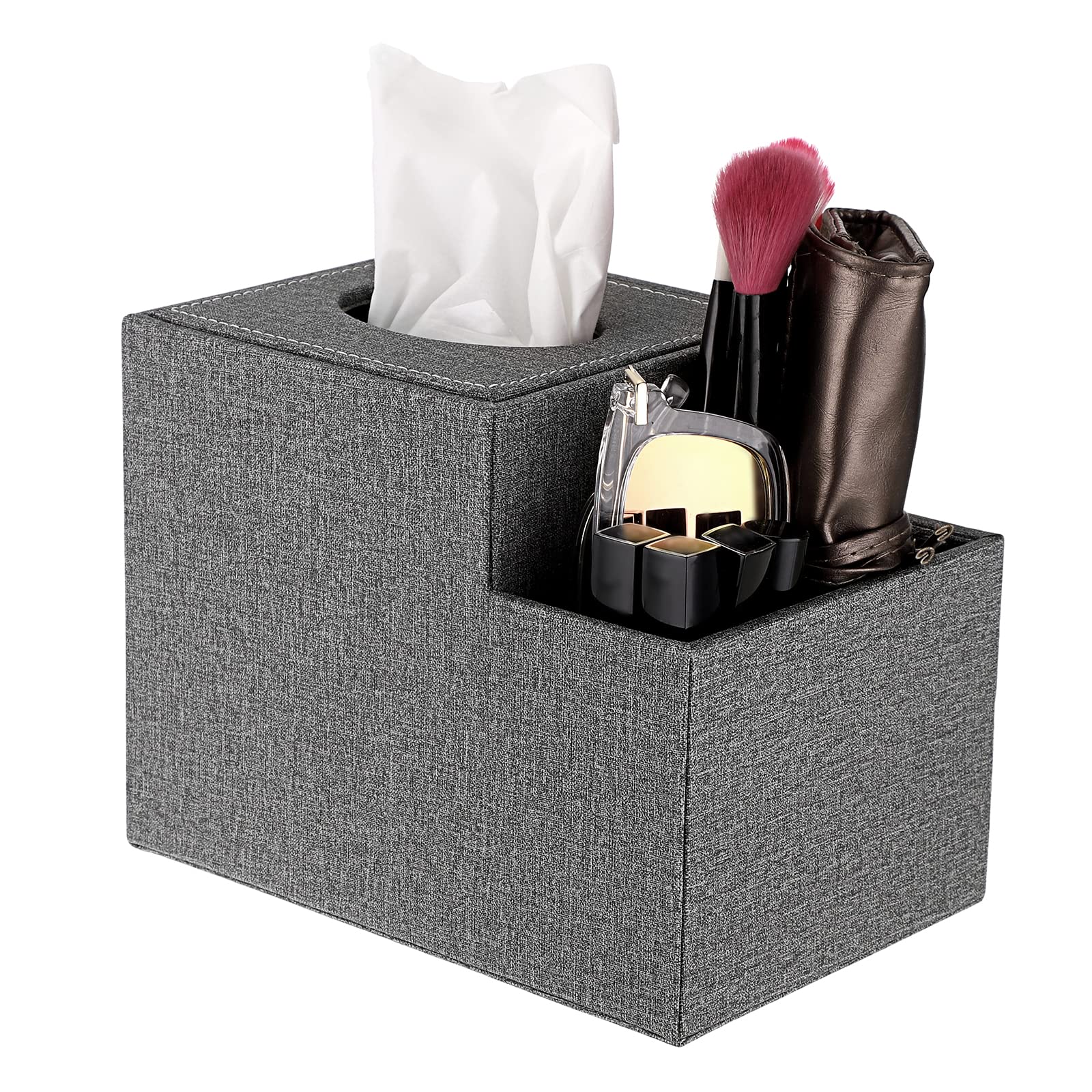 Sumnacon Square Linen Tissue Box Cover - Stylish Cube Tissue Box Holder with Side Organizer | Decorative Grey Tissue Box for Living Room, Vanity, Nightstand, Office | Perfect for Home Decor & Organization
