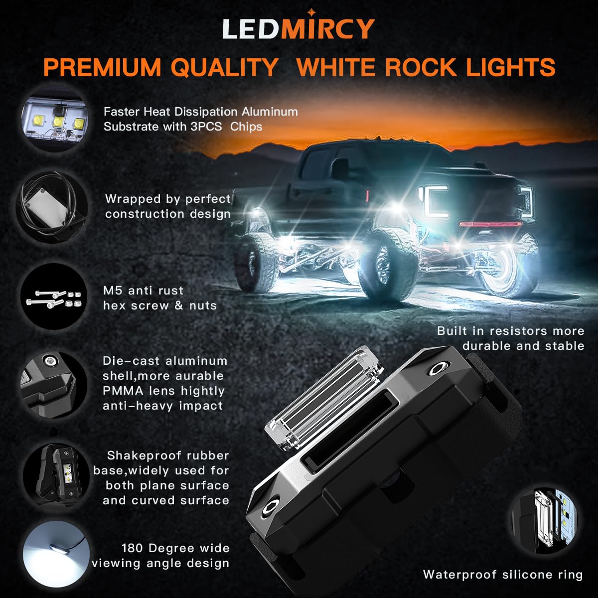 R4 Pure White LED Rock Lights Kit - 12PCS High Power Waterproof Underglow Lights with Roker Switch & Wire Harness for Offroad Trucks, ATV, UTV, SUV - Perfect for Night Trail Riding & Off-Road Adventures