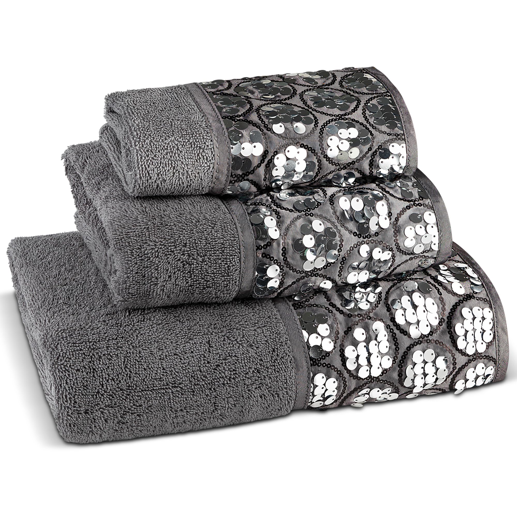 Zahari Home Sinatra Modern 3-Piece Bathroom Towel Set - Soft, Plush & Highly Absorbent Luxury Towels (Bath, Hand & Wash Towels) - Contemporary Decor with Bling Silver Accents - Perfect for Spa, Guest Bathrooms & Upscale Home Decor