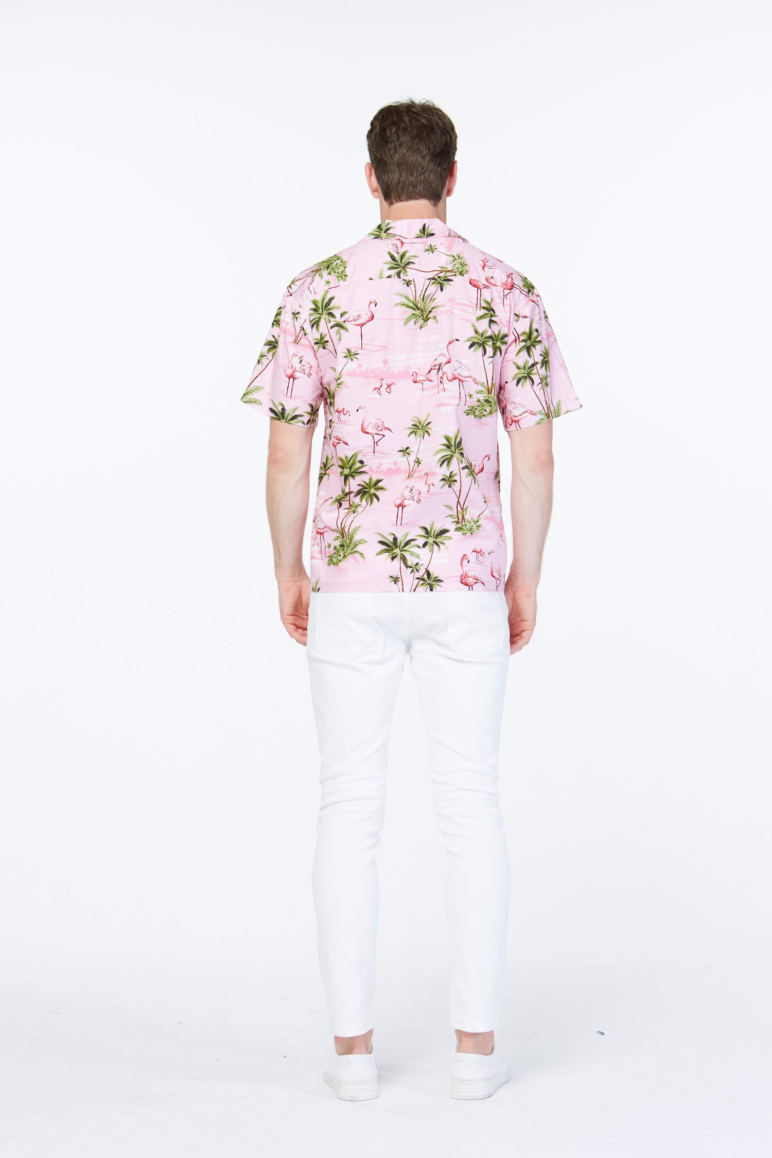 Hawaiian Couple Matching Aloha Shirts - Pink Flamingo Print Turquoise Luau Shirts for Beach Vacation, Hawaiian Theme Party & Summer Date Outfits