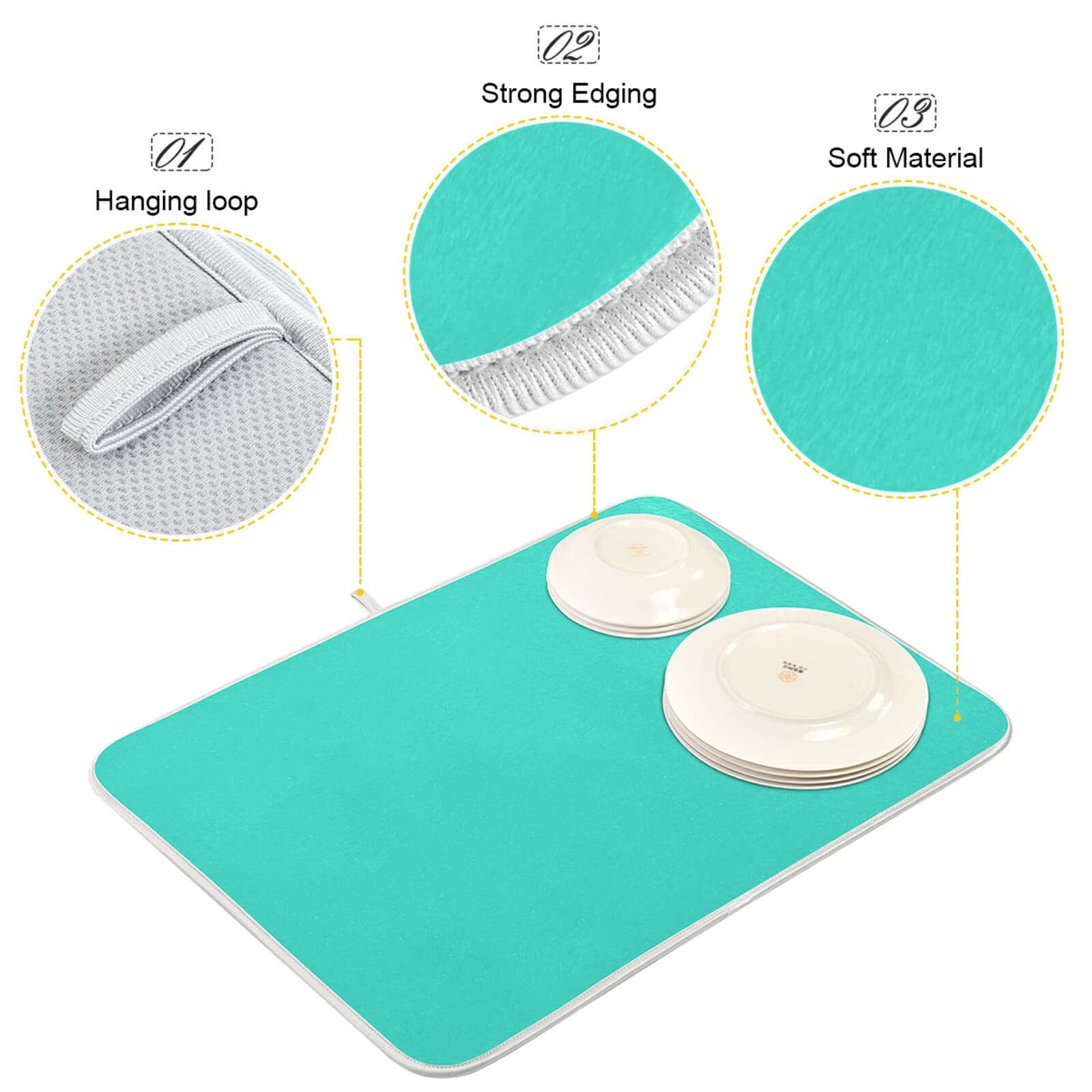 Teal Small Dish Drying Mat XL - 16x18 Inch Microfiber Kitchen Counter Mat, Heat Resistant Turquoise Dish Drainer Pad for Dishes - Perfect for Kitchen Countertops, Sink Areas & Dish Rack Organization