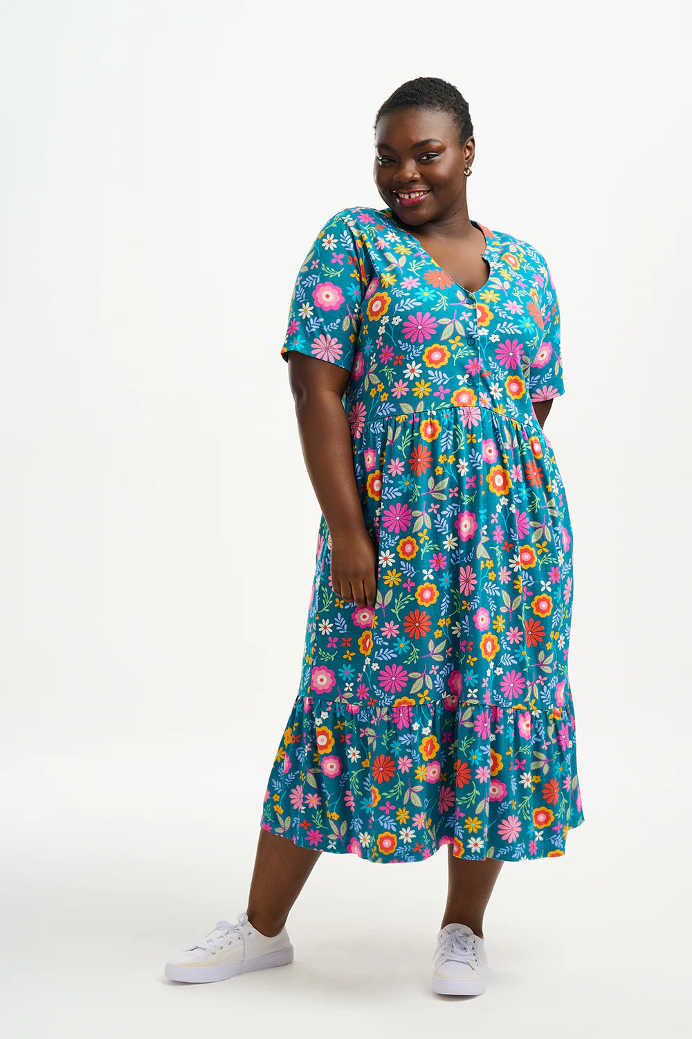 Heather Jersey Midi Smock Dress - Floral Print Tea Green Boho Style Summer Dress for Women | Perfect for Beach Vacation, Date Night & Casual Outings