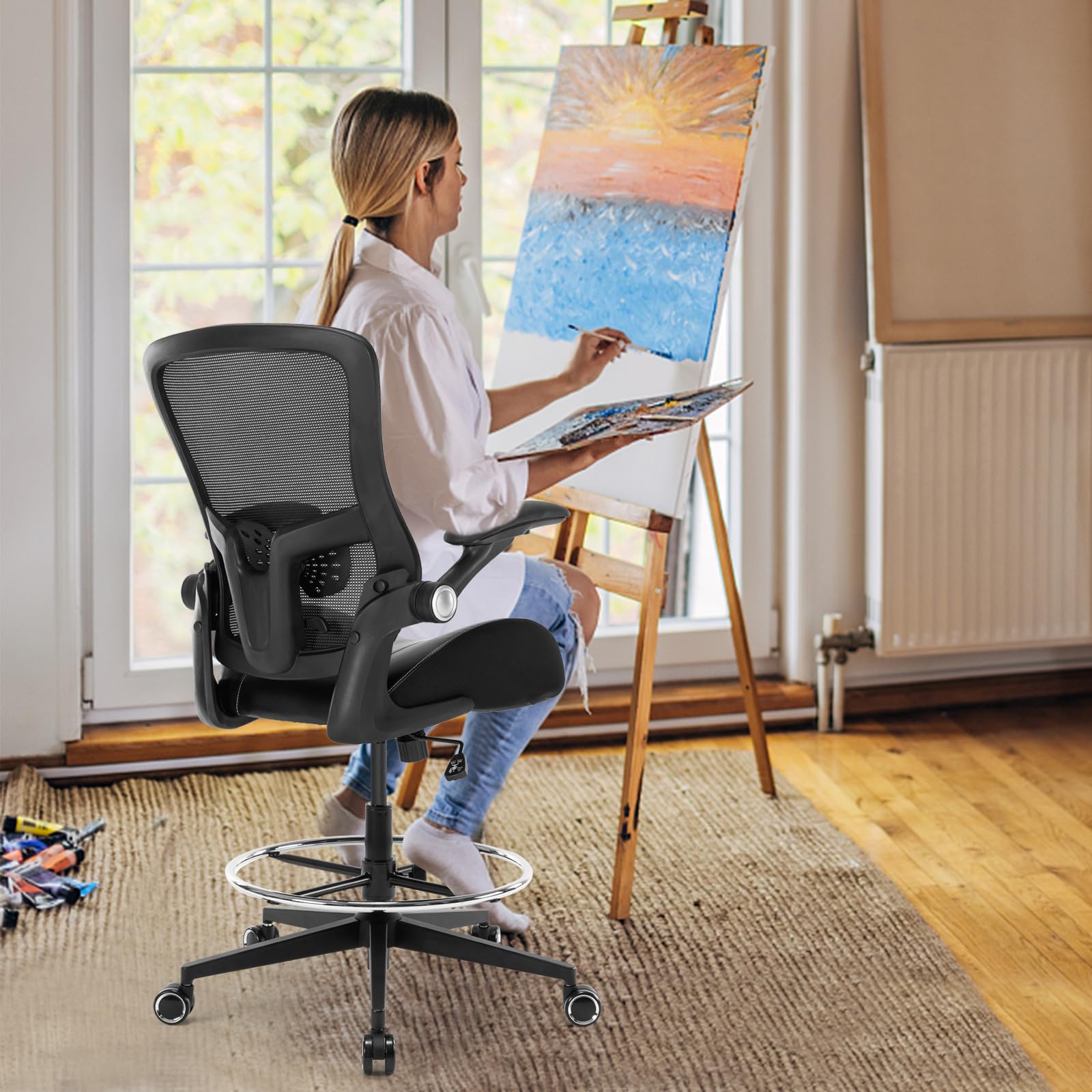 Ergonomic Drafting Chair - Adjustable Height Tall Office Chair with Flip-Up Armrests, Footrest & Lumbar Support - Perfect for Standing Desks, Artists & Drafting Tables - Black