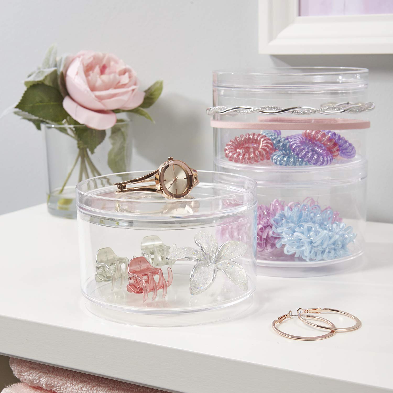 STORi Bella 3-Piece Stackable Clear Plastic Storage Containers with Lids | Round Vanity Organizer for Hair Accessories, Makeup & Beauty Supplies | Bathroom Countertop & Dresser Organization | Made in USA