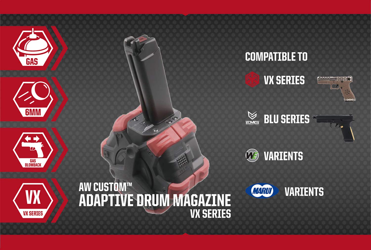 AW Custom Drum Airsoft Magazine - High-Capacity Gas Blowback Magazine for Airsoft Pistols & Rifles (SAI BLU/Elite Force G/Red) - Perfect for Milsim, Target Practice & Competitive Airsoft Games