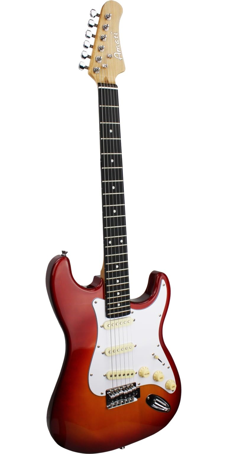 Amati Solid-Body 6-String Electric Guitar with Gig Bag - Gloss Cherry Sunburst (10STHG) | Perfect for Beginners, Live Performances & Home Practice