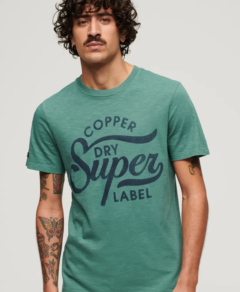 Copper Label Script T-Shirt | Drius Green Slub Cotton Tee - Casual Wear & Street Style Fashion