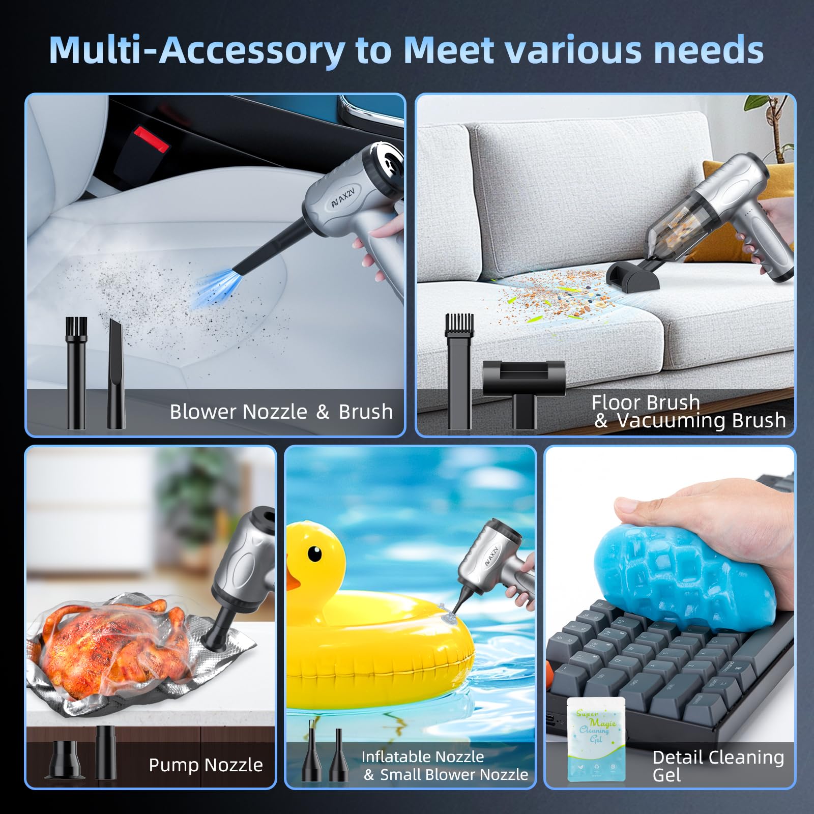 AX2V 120000RPM 4-in-1 Compressed Air Duster & Vacuum Cleaner with Air Blower - Keyboard Cleaner for PC, Laptop, Electronics - Includes Cleaning Gel for Car, Home & Office Detail Cleaning - Perfect for Computer Maintenance, Car Detailing & Workspace Organization