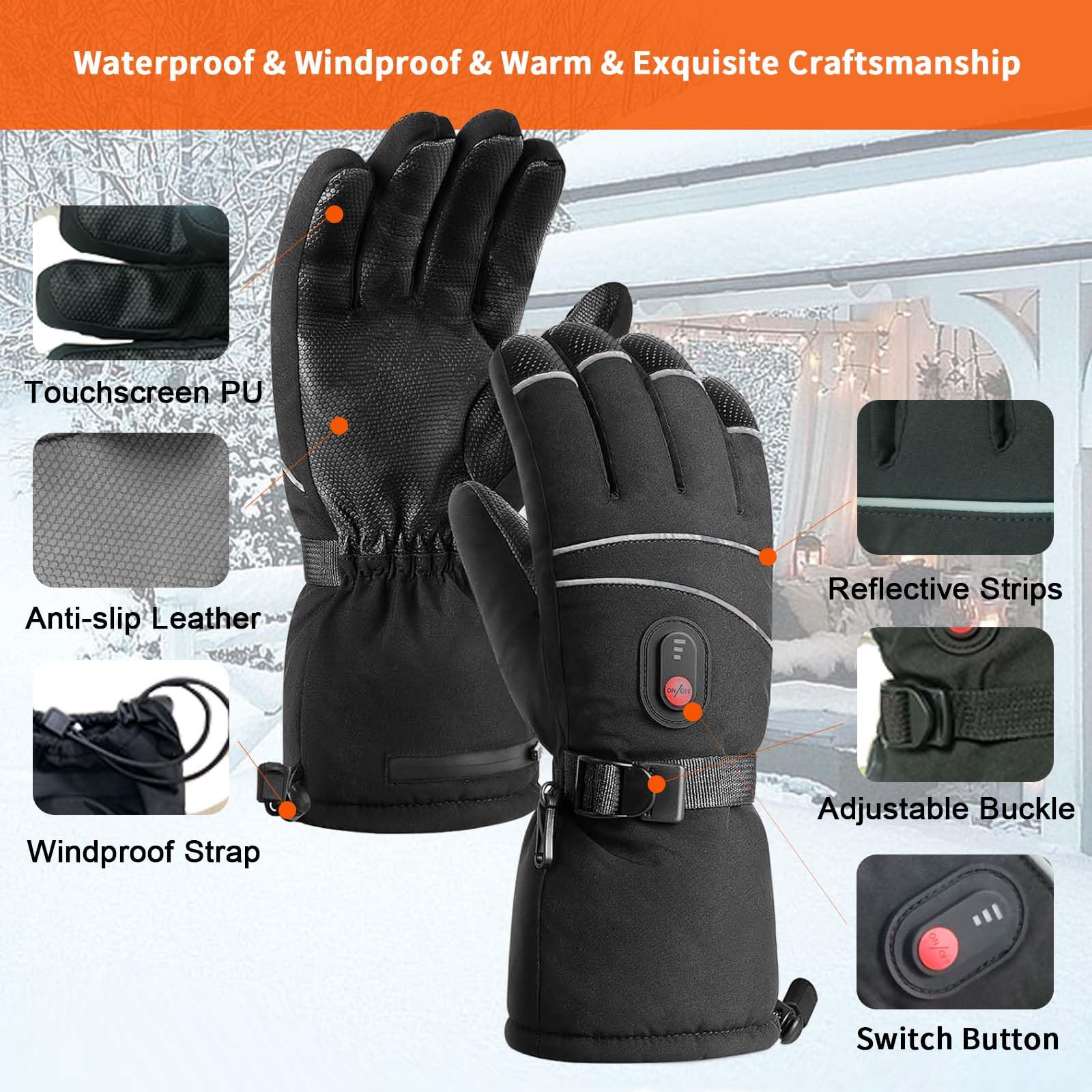 Rechargeable 5000mAh Battery Heated Gloves for Men & Women - Waterproof Electric Ski Gloves with 3 Heating Levels, Touchscreen Compatible Winter Gloves for Skiing, Hunting, Cycling, Motorcycle Riding & Outdoor Activities