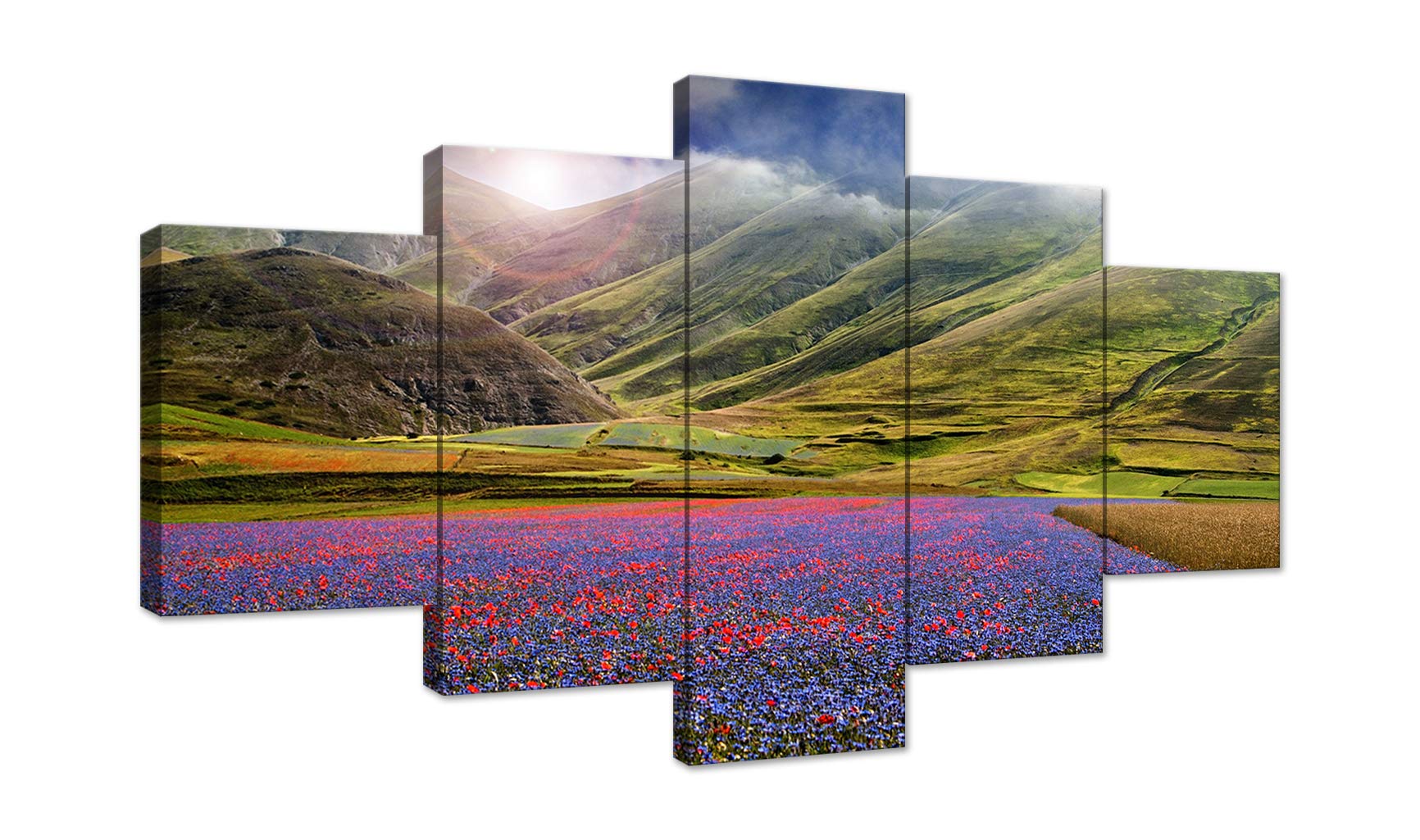 AMEMNY 5 Panel Purple Flowers Wall Art - Sunset Landscape Canvas Painting - Stretched & Framed Ready to Hang - Scenery Flower Picture for Living Room, Bedroom, Bathroom Decor | Perfect for Home, Office & Gift Giving