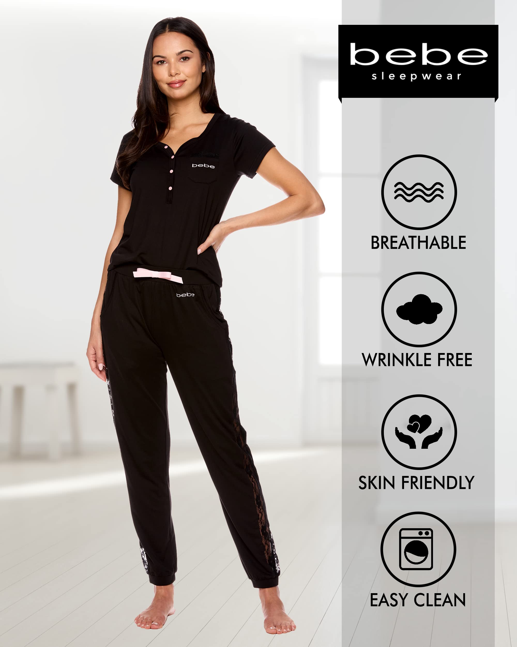 bebe Women's Pajama Set - Soft Short Sleeve Shirt & Lace Trim Jogger Pants | Cozy Lounge Wear for Sleep, Relaxation & Home Comfort