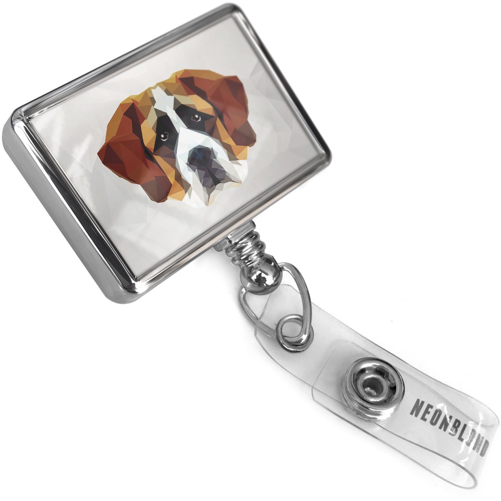 Retractable Plastic ID Badge Holder with St. Bernard & Bulldog Design - Low Poly Zoo Animals Belt Clip On Reel for Work, School & Events - Neonblond