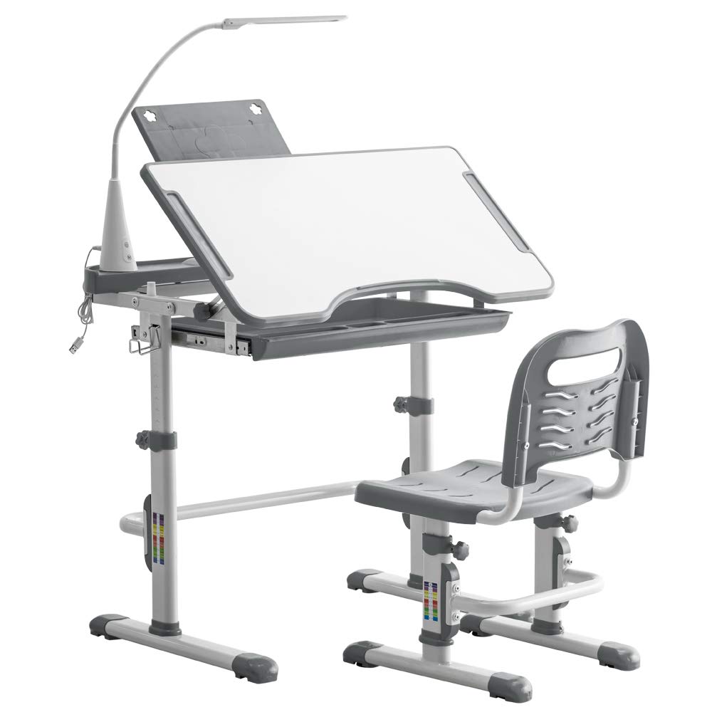 Adjustable Kids Desk and Chair Set with LED Lamp, Storage Drawer & Bookstand - Ergonomic Study Desk for Children, Perfect for Homework, Reading & Online Learning (Gray)