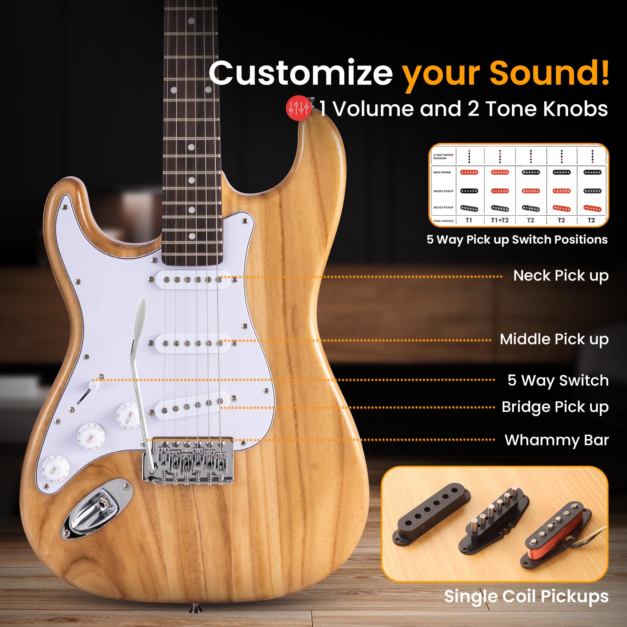 Pyle Full Size Left Handed Electric Guitar Kit with 5W Amp, Gig Bag & Accessories - ST-Style Beginner Guitar Bundle with 22 Frets, Paulownia Wood Body (Natural Finish) - Perfect for Home Practice, Music Lessons & Live Performances