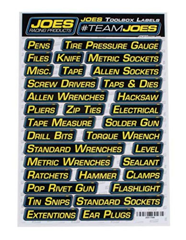 Joes Racing Products 17500 Labels Toolbox - Durable Vinyl Stickers for Tool Organization & Workshop Storage - Perfect for Mechanics, DIY Enthusiasts & Garage Use