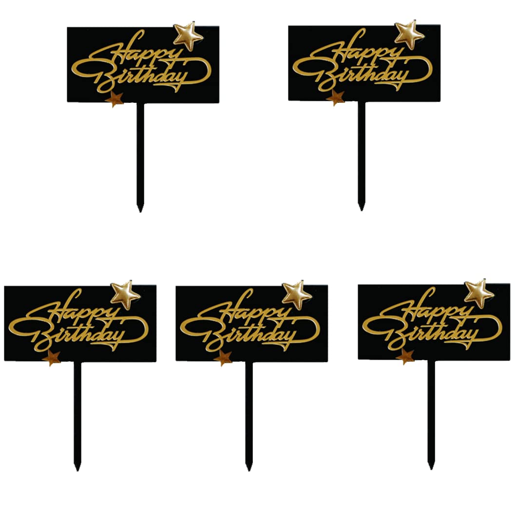 5 Pcs Black Acrylic Happy Birthday Star Cake Toppers - Cupcake & Dessert Decorations for Birthday Parties, Weddings, Baby Showers & Special Events