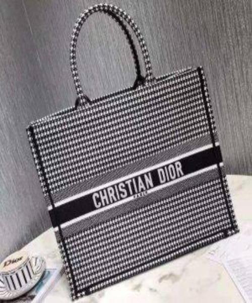 Dior Book Tote Bag - White & Black Embroidered Canvas Houndstooth Pattern Luxury Handbag for Women | Perfect for Work, Travel & Everyday Use