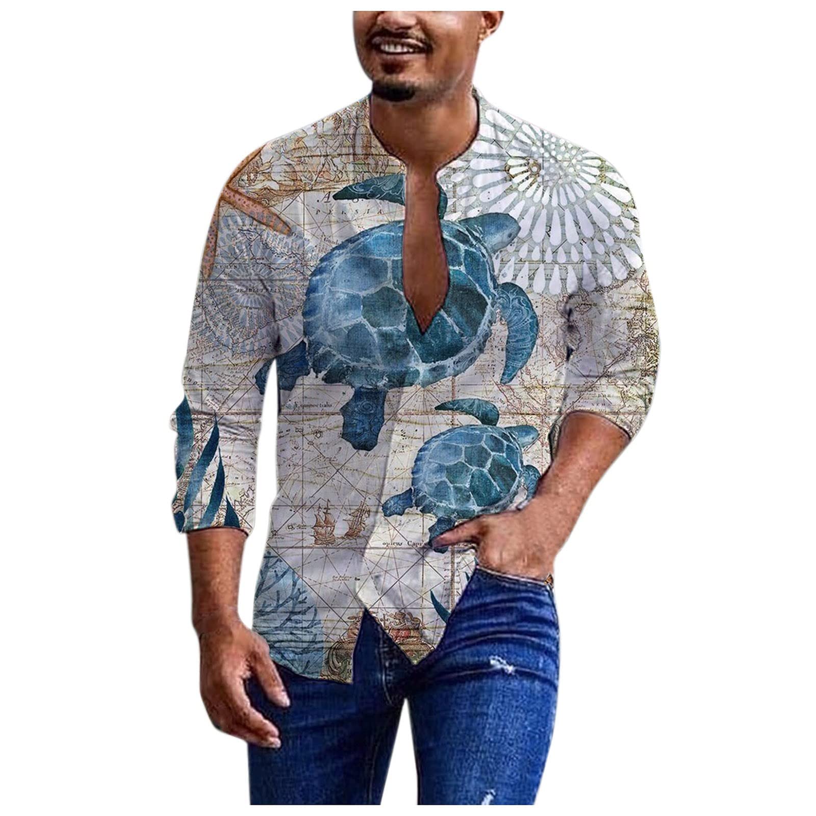 Men's Casual Slim Fit Henley T-Shirt - Lightweight Long Sleeve V-Neck Printed Shirt - Summer Cotton Linen Blend - Beach, Yoga, Travel & Everyday Wear