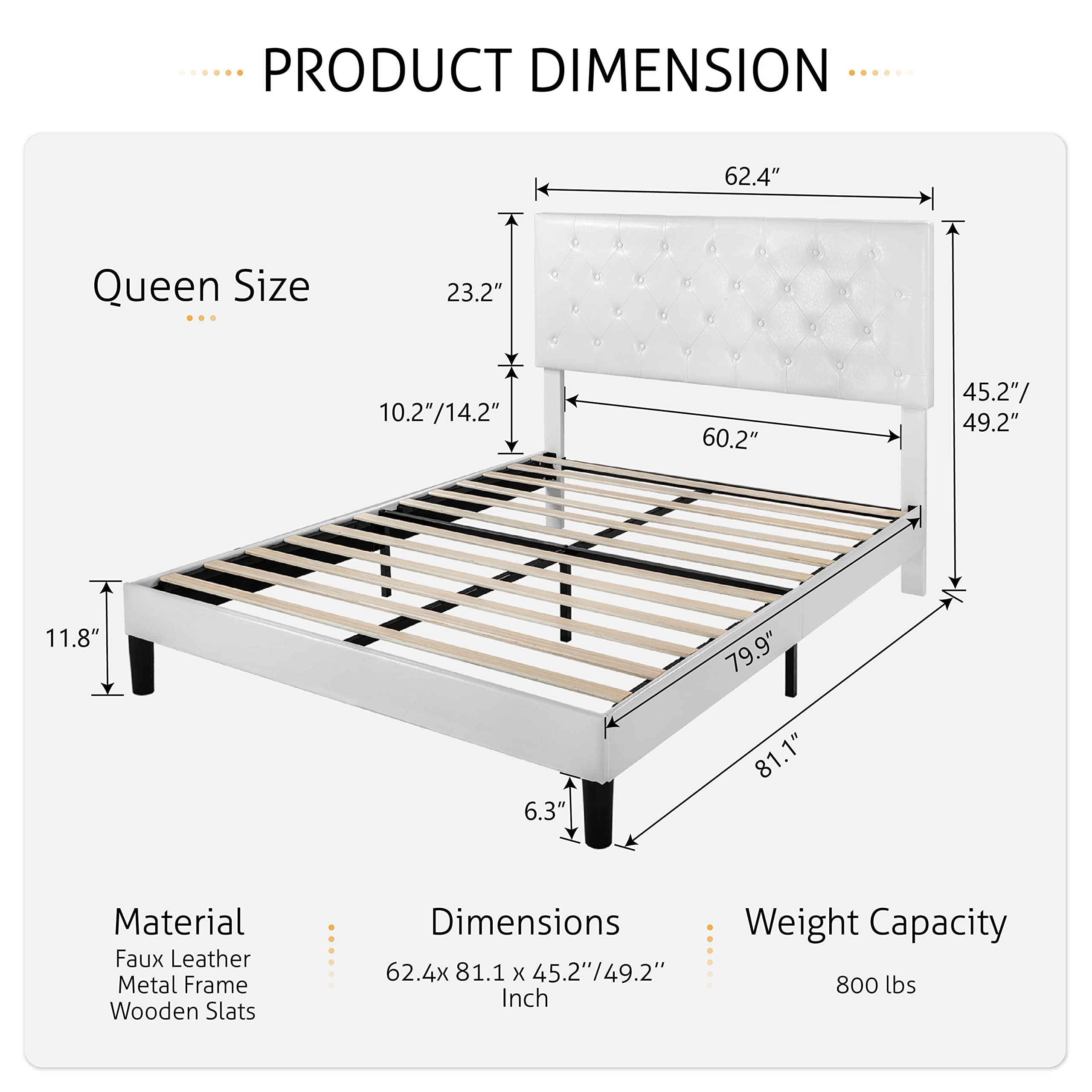 Queen Size Bed Frame with Button Tufted Headboard - Faux Leather Upholstered Platform Bed with Wooden Slat Support, No Box Spring Needed (White) - Perfect for Modern Bedrooms, Guest Rooms & Small Spaces