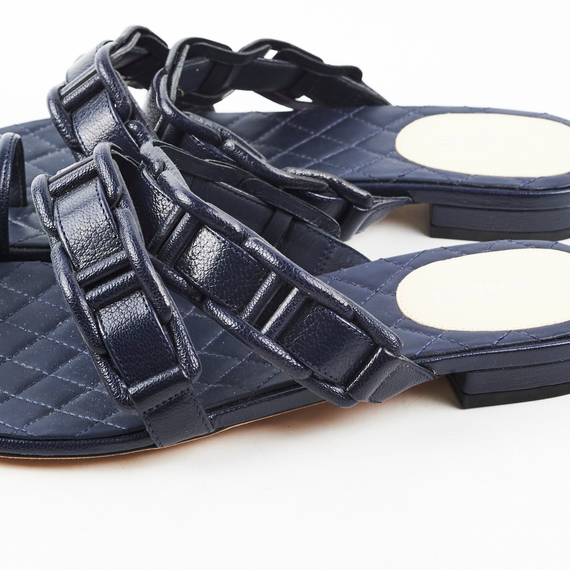 Chanel Navy Blue Leather Sandals Size 36 - Women's Luxury Designer Shoes for Summer Beach & Vacation Outfits