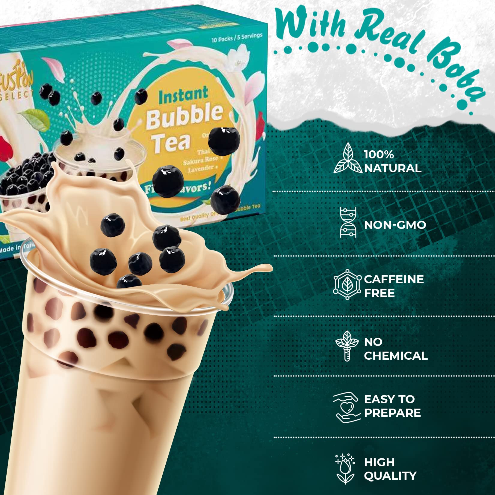 Fusion Select 5-Pack Authentic Boba Tea Kit - Sakura, Lavender, Rose, Thai Tea & Original Milk Tea Flavors with Tapioca Pearls & Straws | Extra Rich Bubble Tea Drinks for Home, Parties & Cafes