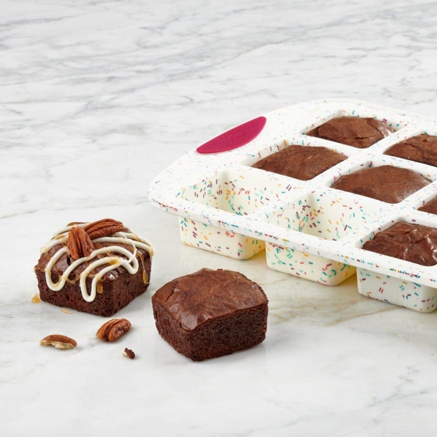 Non-Stick Silicone Brownie Baking Pan Set of 12 - Confetti Design for Perfect Square Brownies & Bars - Ideal for Birthday Parties, Holiday Baking & Homemade Desserts