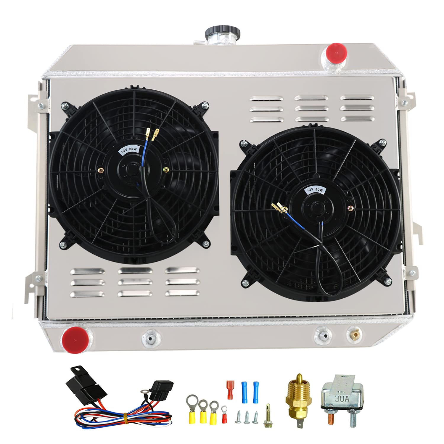 CoolingMaster 3-Row Aluminum Radiator with Shroud Fan & Relay Kit - Compatible with 1968-1974 Dodge Charger, Challenger, Coronet - High-Performance Cooling for Classic Muscle Cars & Hot Rods