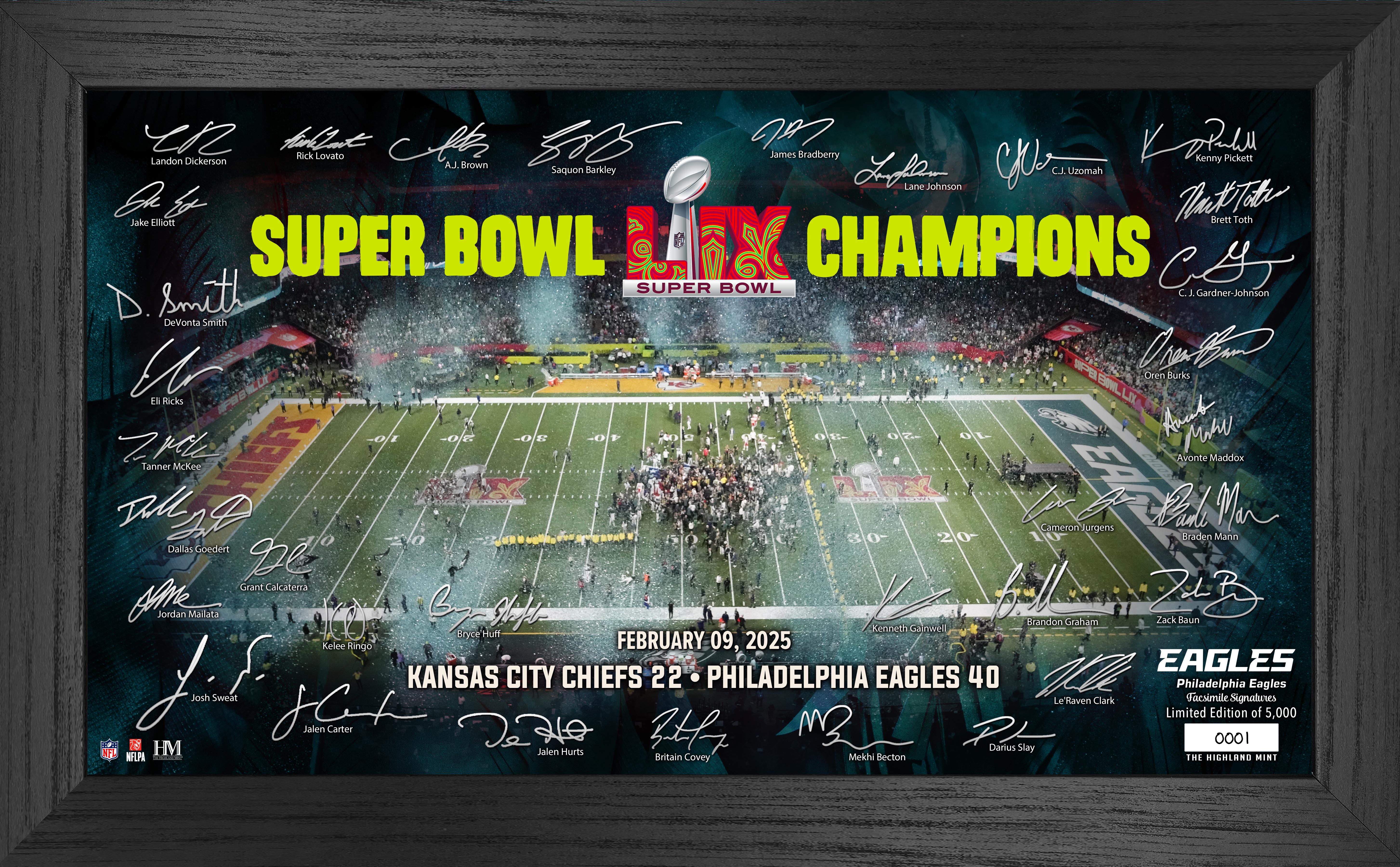 Philadelphia Eagles Super Bowl LIX Champions Signature Gridiron Frame - Officially Licensed NFL Memorabilia Display Case for Collectors - Perfect for Man Cave, Sports Bar, or Office Decor