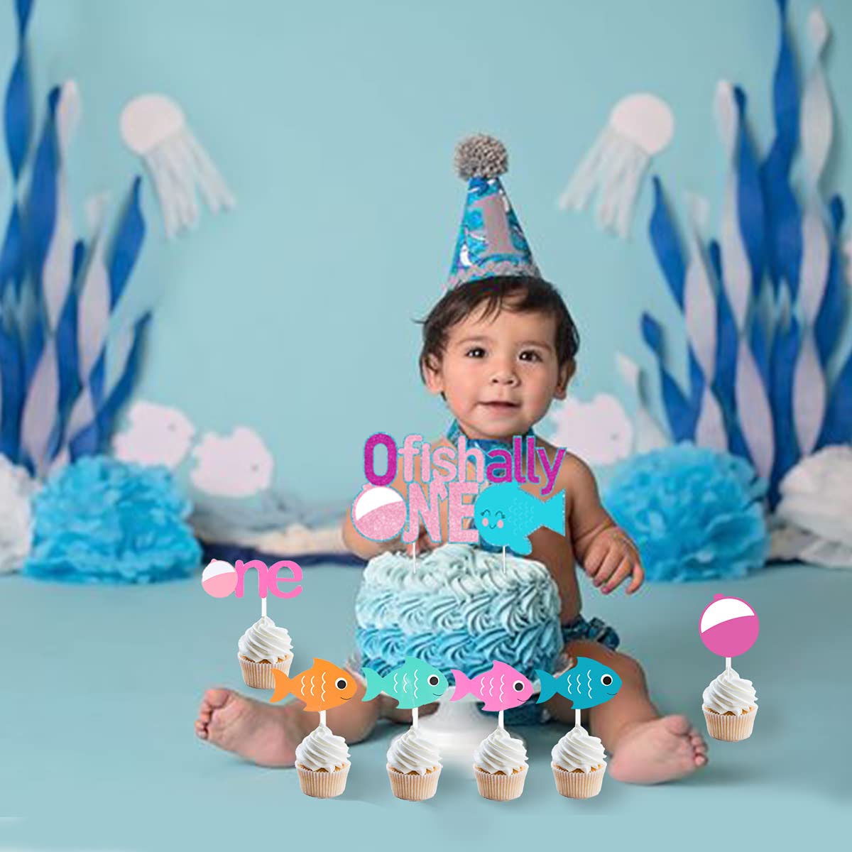 Ofishally One Cake Decorations 25 Pcs - Pink Fishing Cake Toppers for Girls' 1st Birthday Party Supplies | The Big One Fishing Theme Cupcake Toppers | Perfect for Fishing Birthday Cakes, Cupcakes and Party Decorations