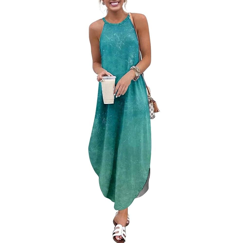 Weievarb Women's Summer Maxi Dresses - Plus Size Sleeveless Halter Neck Gradient Print Long Dress for Elegant Parties, Beach Vacations & Casual Outings