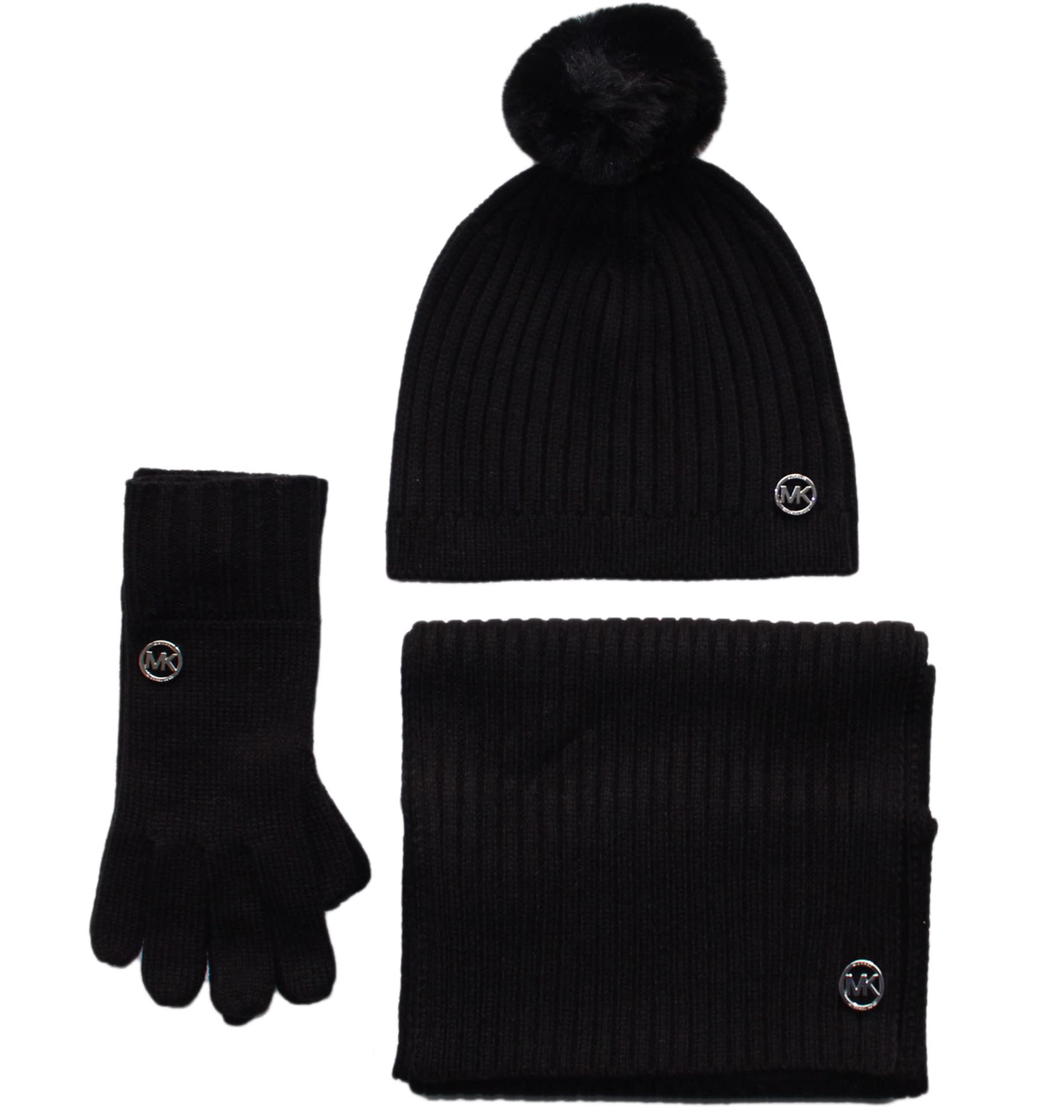 Michael Kors Women's Winter Accessories Set - Knitted Gloves, Scarf & Beanie Hat with Signature Logo, MK Gift Box (Black, One Size) - Perfect for Cold Weather, Holiday Gifts & Fashion Outfits