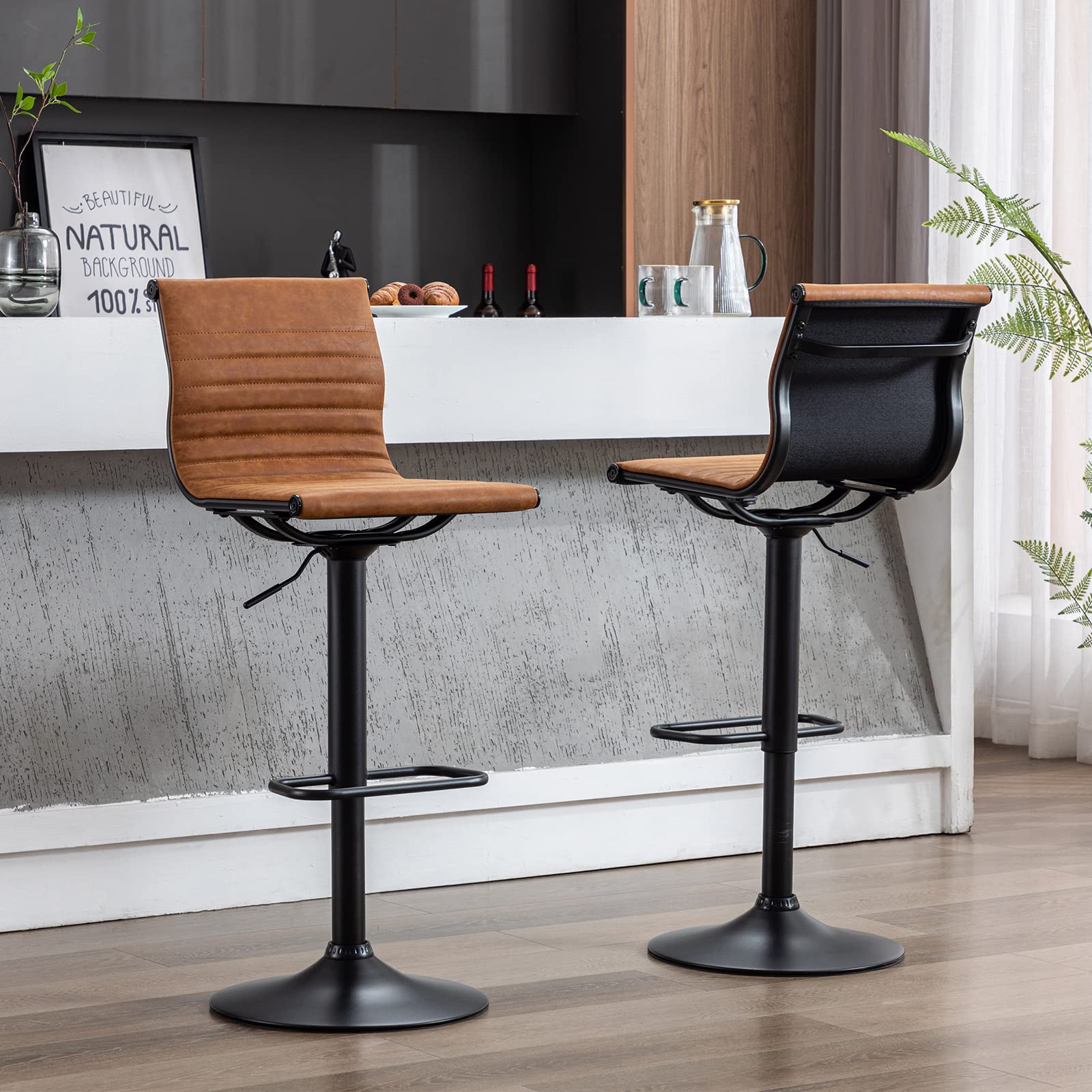 Modern Adjustable Height Metal Bar Stools Set of 2 - Brown PU Leather Armless Counter Stools with Black Base for Kitchen Island, Bar & Dining Room | Perfect for Breakfast Nook, Home Bar & Entertainment Areas