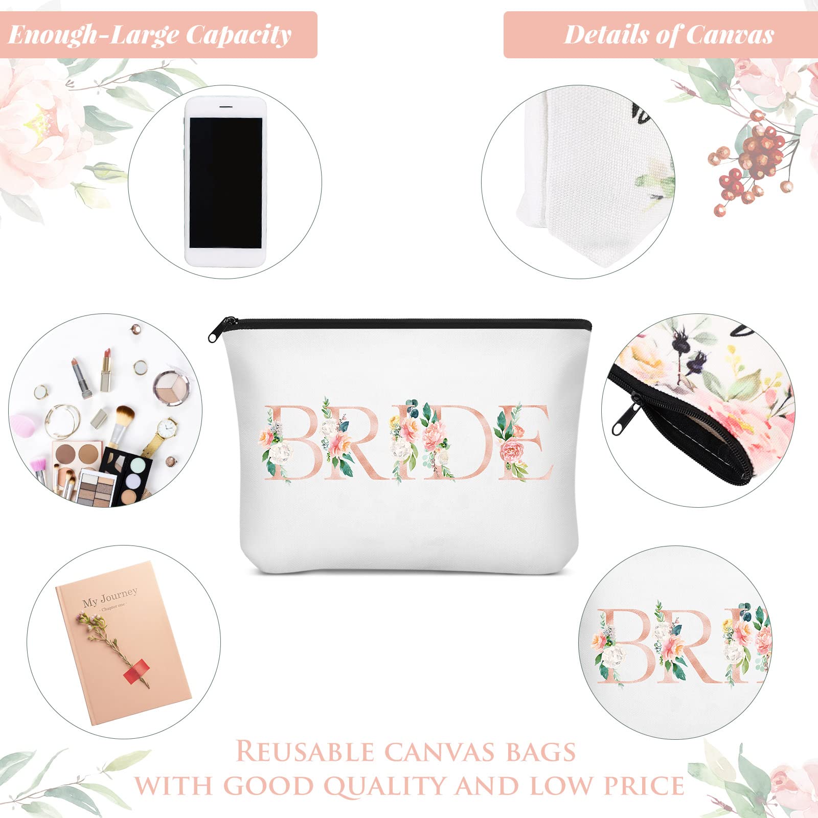 10 Pack Floral Print Bridesmaid Makeup Bags - Wedding Cosmetic Bags for Bride & Bridesmaids, Canvas Gift Bags for Bridal Shower & Wedding Party - Perfect for Travel, Bachelorette Parties & Bridal Events