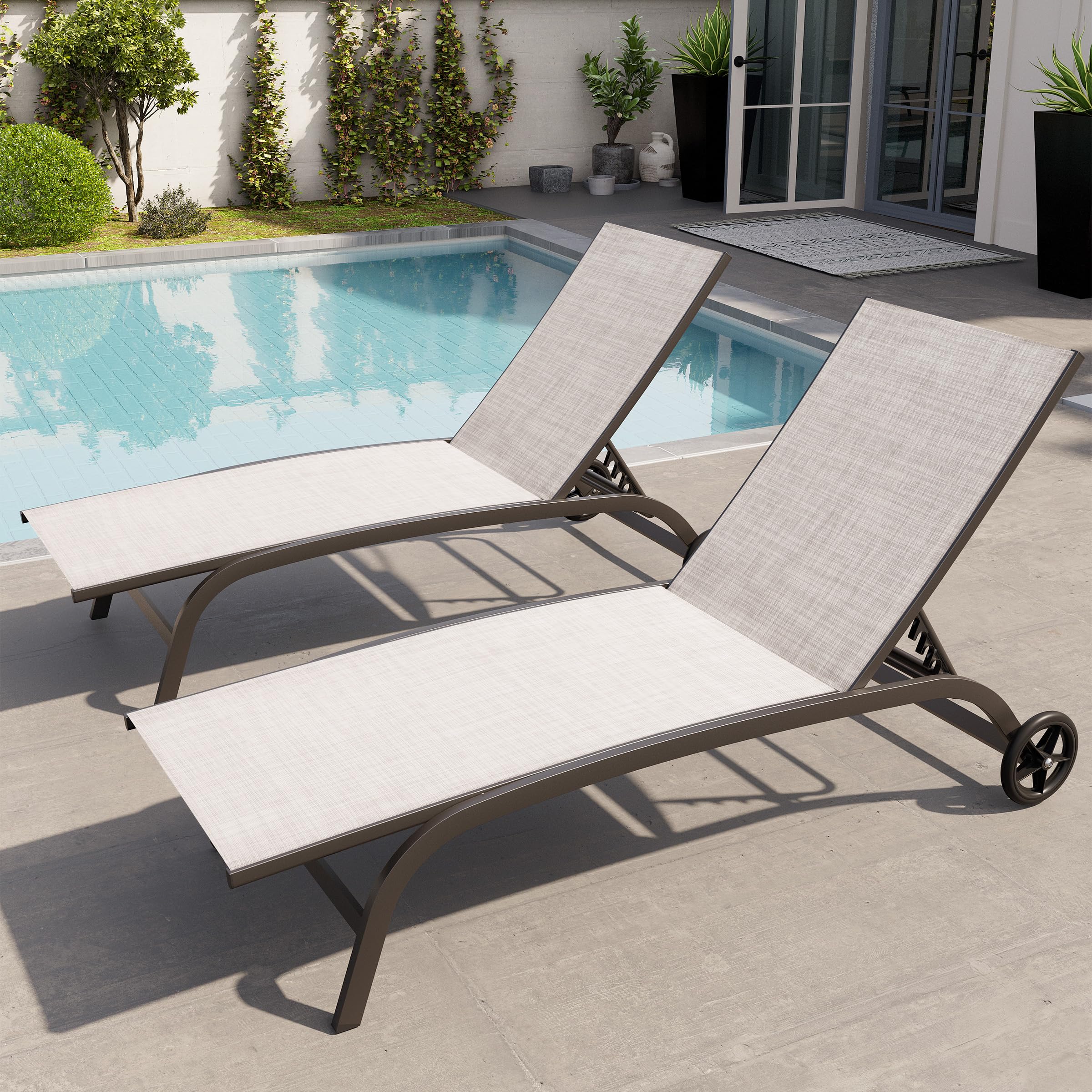 **Crestlive 2-Pack Aluminum Chaise Lounge Chairs with Wheels – Adjustable 5-Position Recliner & Full Flat Tanning Chair – All-Weather Outdoor Furniture for Patio, Beach, Pool & Yard (Beige) – Perfect for Sunbathing, Relaxing & Lounging by the Water**