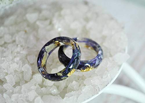 Nature Inspired Engagement Resin Rings with Purple Bells & 24K Gold - Unique Wedding Band for Couples, Handmade Eco-Friendly Jewelry Gift for Her | Perfect for Proposals, Anniversaries & Romantic Occasions