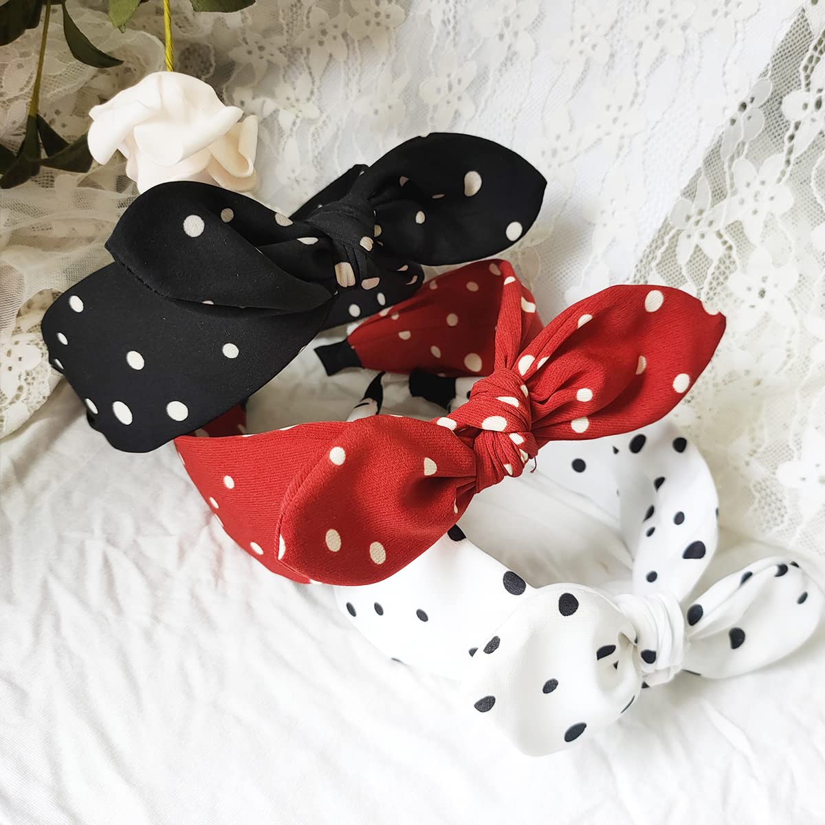 3 Pack Women's Bow Headbands - Wide Polka Dot Hair Hoops with Rabbit Ears | Fashion Hair Accessories for Everyday Wear, Parties & Photo Shoots