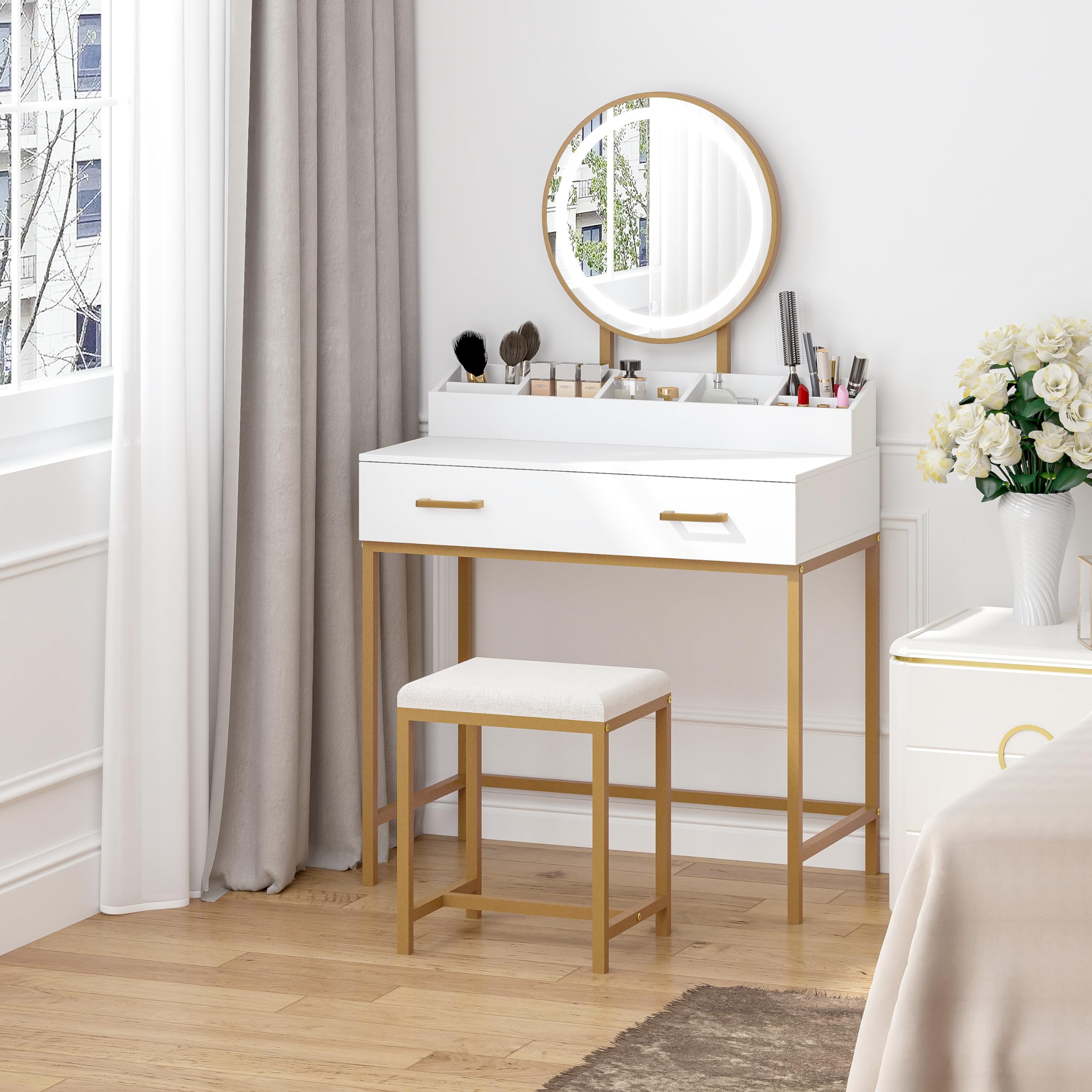 UTEX Makeup Vanity Desk with LED Mirror & 3 Lighting Modes, White and Gold Dressing Table with Drawers & Cushioned Stool - Perfect for Bedroom, Beauty Salon & Home Decor