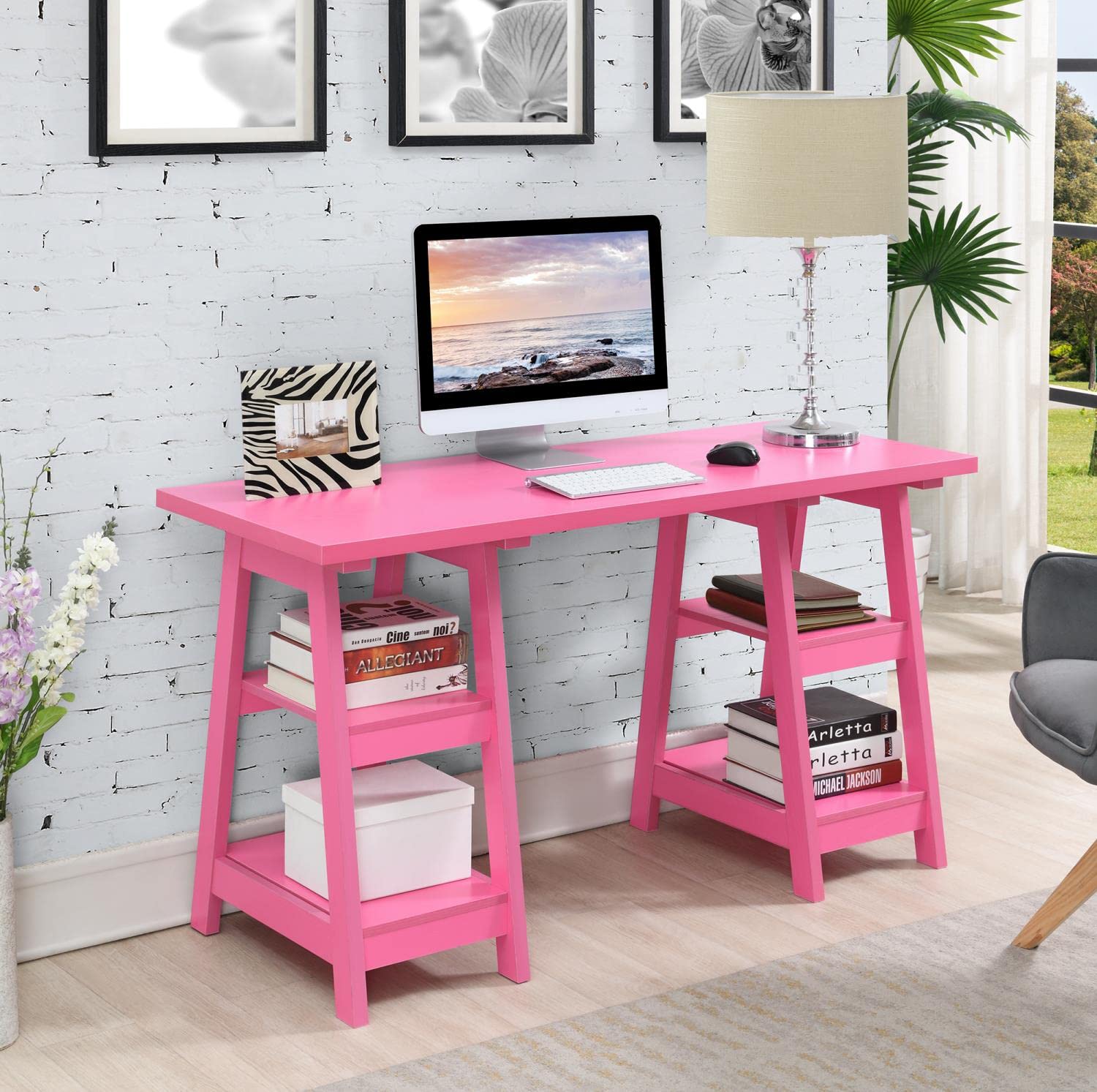 Convenience Concepts Designs2Go Double Trestle Desk with Shelves - Pink Writing Desk with Storage for Home Office, Study Room & Small Spaces - Perfect for Remote Work, Online Classes & Crafting