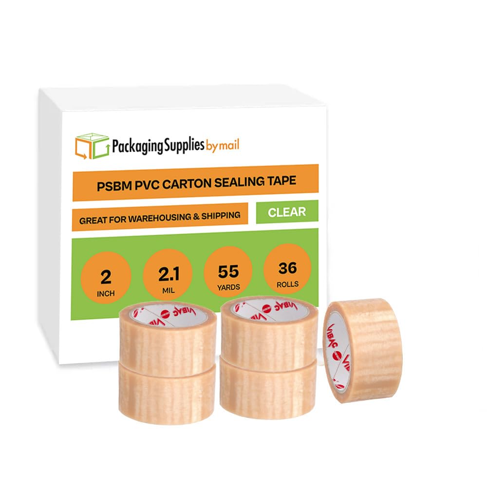 PSBM 2 Inch x 55 Yards Clear PVC Packing Tape - 36 Pack Heavy Duty Dispenser Refill for Moving, Storage & Shipping | Strong Packaging Tape for Box Sealing, Home Office, Warehouse & Industrial Use | Perfect for Moving Houses, Securing Packages & Organizing Storage