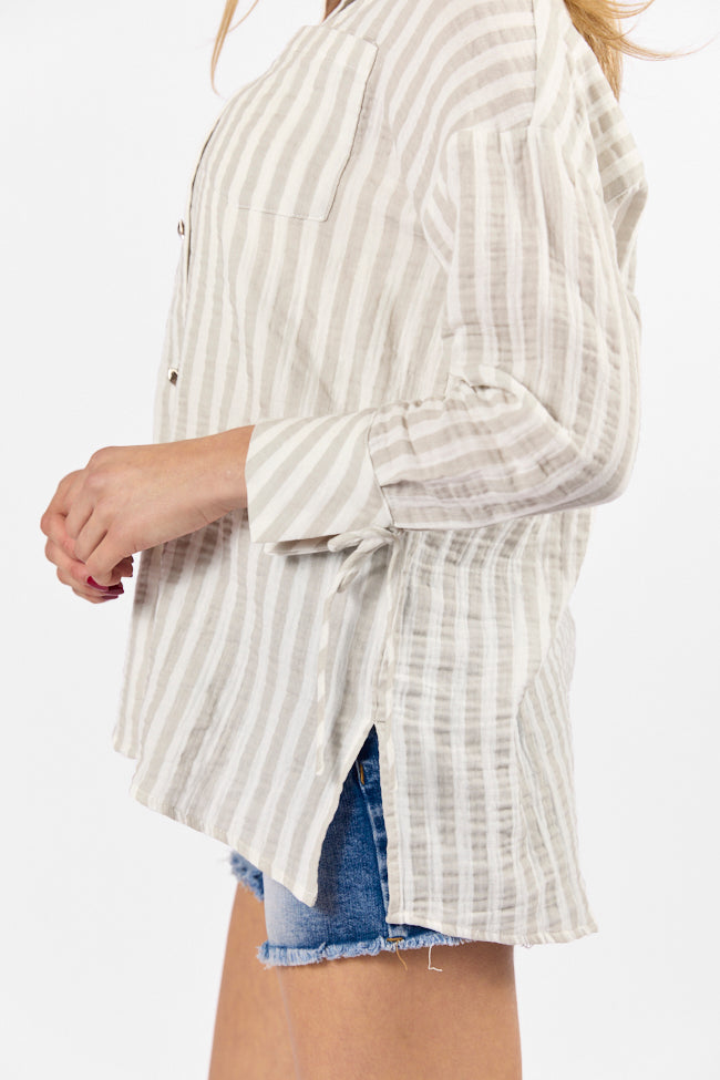 Cruel Summer Tan and Ivory Striped Gauze Button Down Shirt for Women | Lightweight Breathable Summer Blouse | Perfect for Beach Vacations, Music Festivals & Casual Outings
